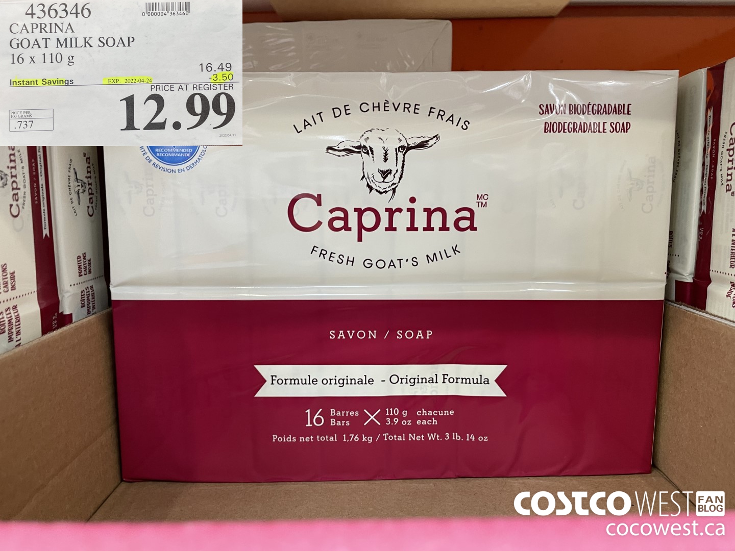 436346 CAPRINA GOAT MILK SOAP 16 x 110G ($3.50 INSTANT SAVINGS EXPIRES ON 2022-04-24) $12.99