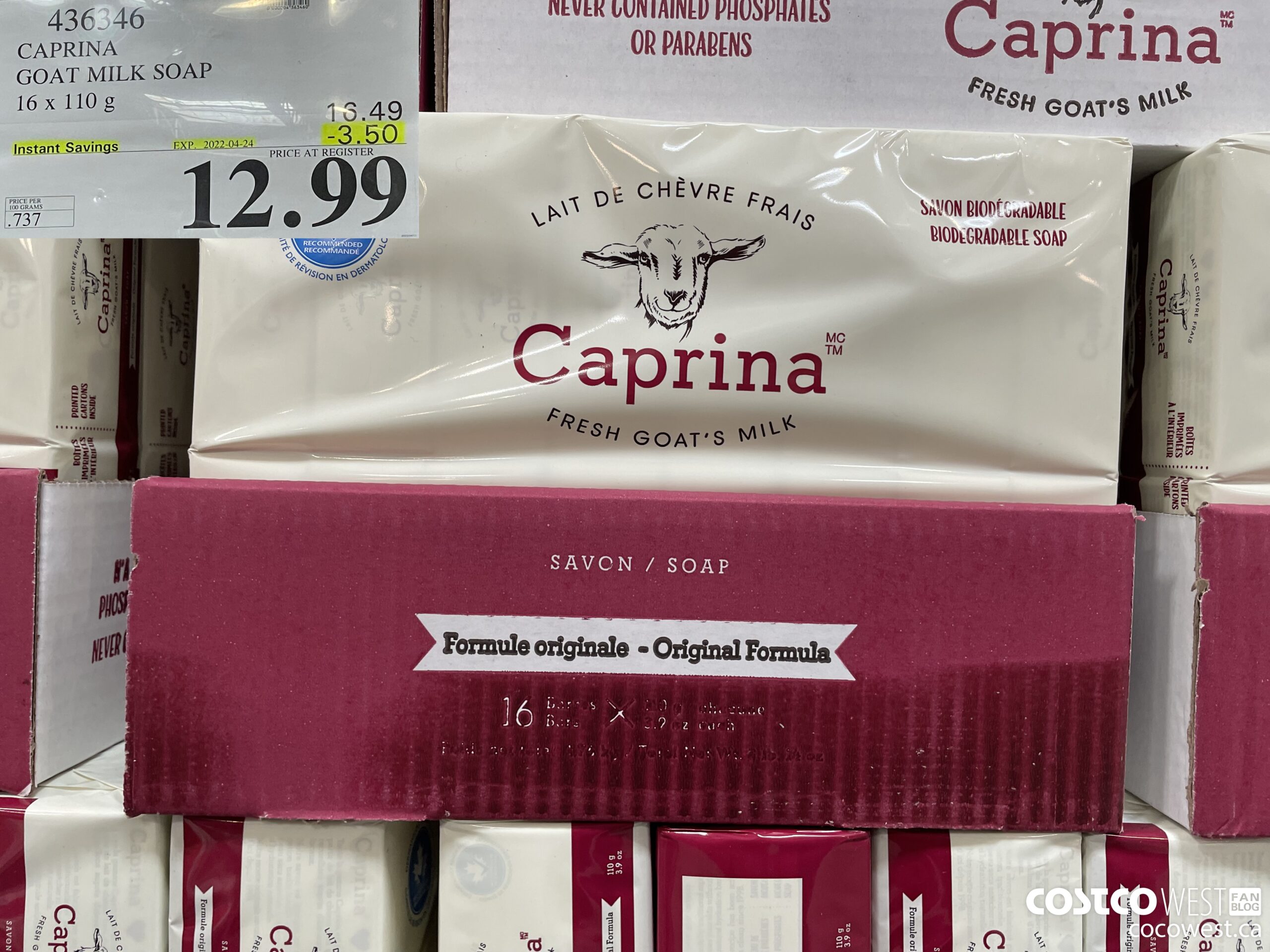 436346 CAPRINA GOAT MILK SOAP 16 x 110G ($3.50 INSTANT SAVINGS EXPIRES ON 2022-04-24) $12.99