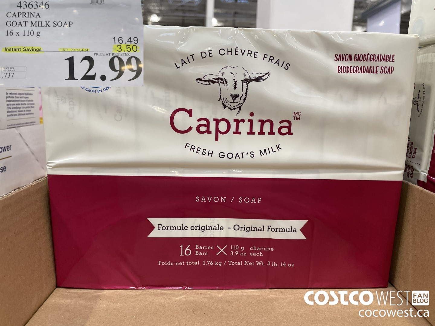 436346 CAPRINA GOAT MILK SOAP 16 x 110G ($3.50 INSTANT SAVINGS EXPIRES ON 2022-04-24) $12.99