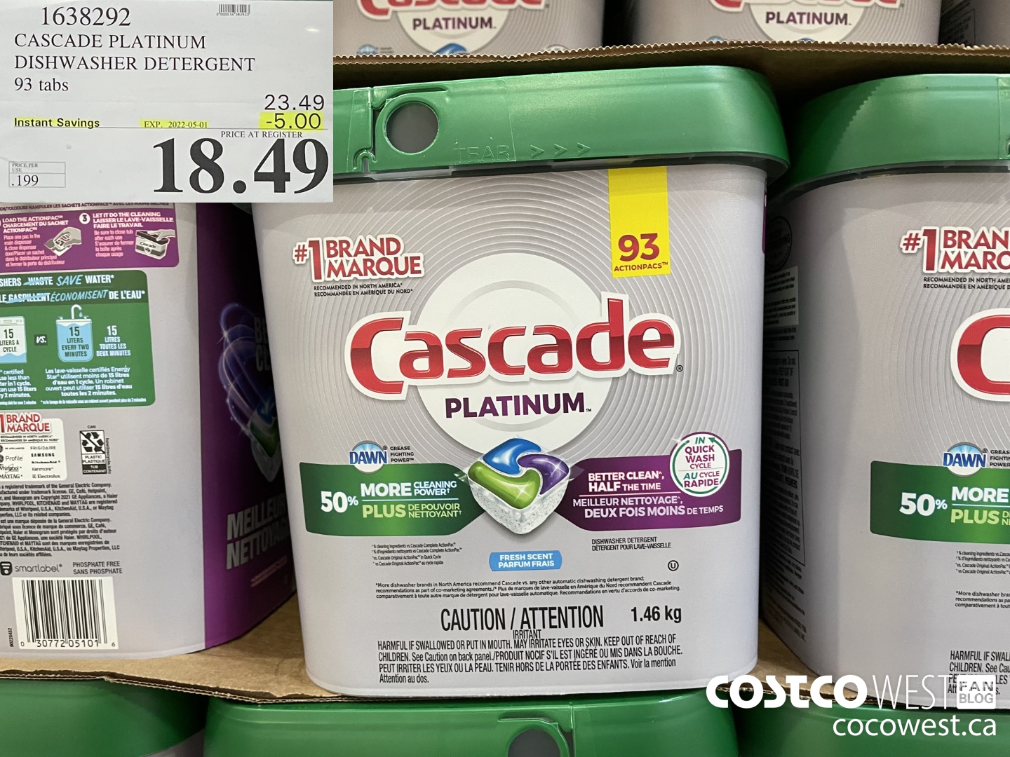 1638292 CASCADE PLATINUM DISHWASHER DETERGENT 93 tabs ($5.00 INSTANT SAVINGS EXPIRES ON 2022-05-01) $18.49