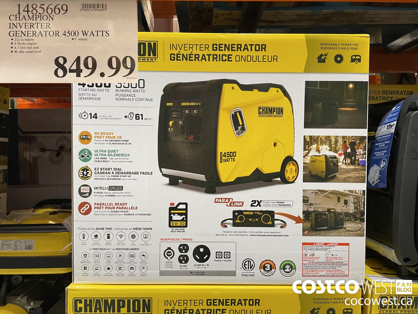 1485669 CHAMPION INVERTER GENERATOR 4500 WATTS $849.99