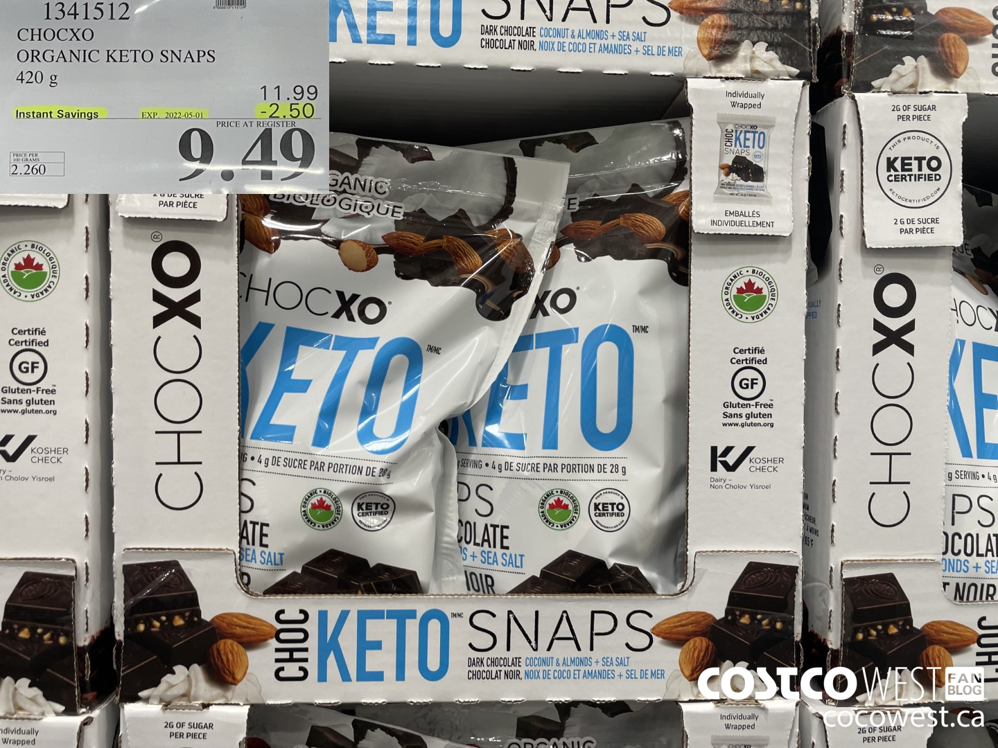 1341512 CHOCXO ORGANIC KETO SNAPS 420G ($2.50 INSTANT SAVINGS EXPIRES ON 2022-05-01) $9.49