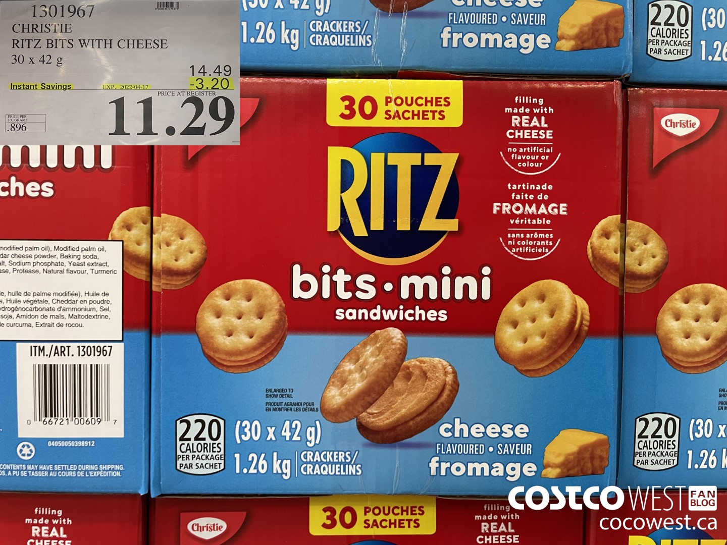 1301967 CHRISTIE RITZ BITS WITH CHEESE 30 x 42 g ($3.20 INSTANT SAVINGS EXPIRES ON 2022-04-17) $11.29