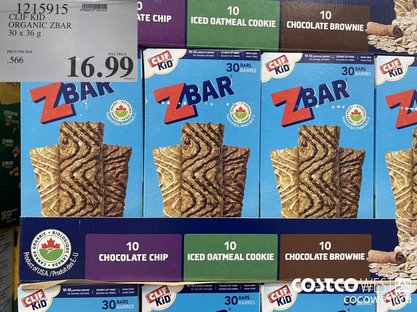 1215915 CLIF KID ORGANIC ZBAR 30 X 36G $16.99