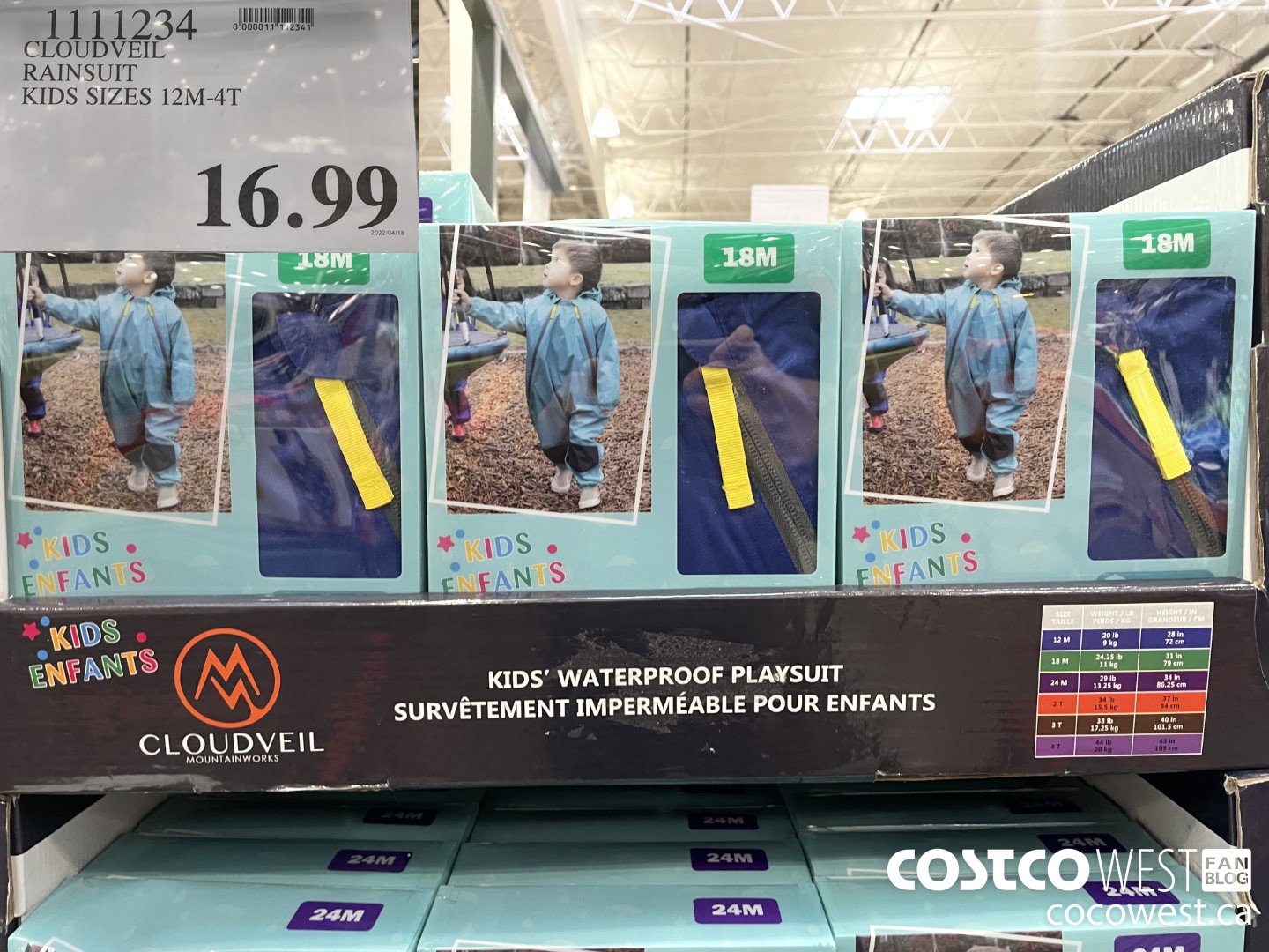 1111234 CLOUDVEIL RAINSUIT KIDS SIZES 12M-4T $16.99