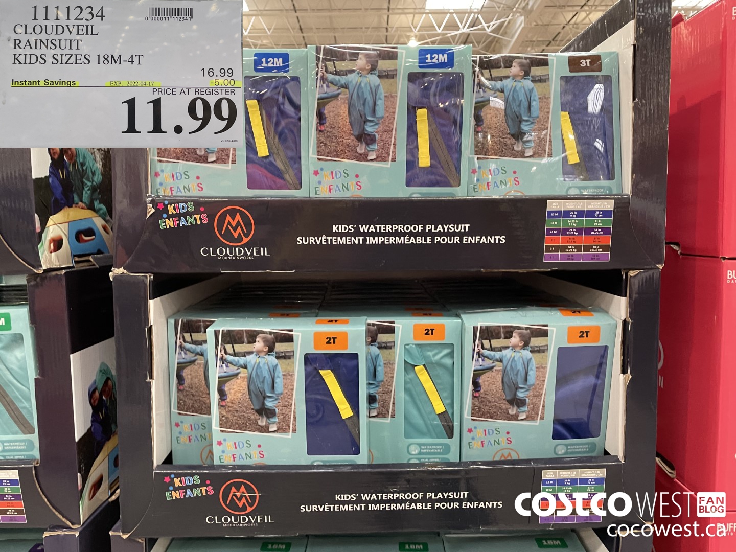 1111234 CLOUDVEIL RAINSUIT KIDS SIZES 18M-3T  ($5.00 INSTANT SAVINGS EXPIRES ON 2022-04-17) $11.99