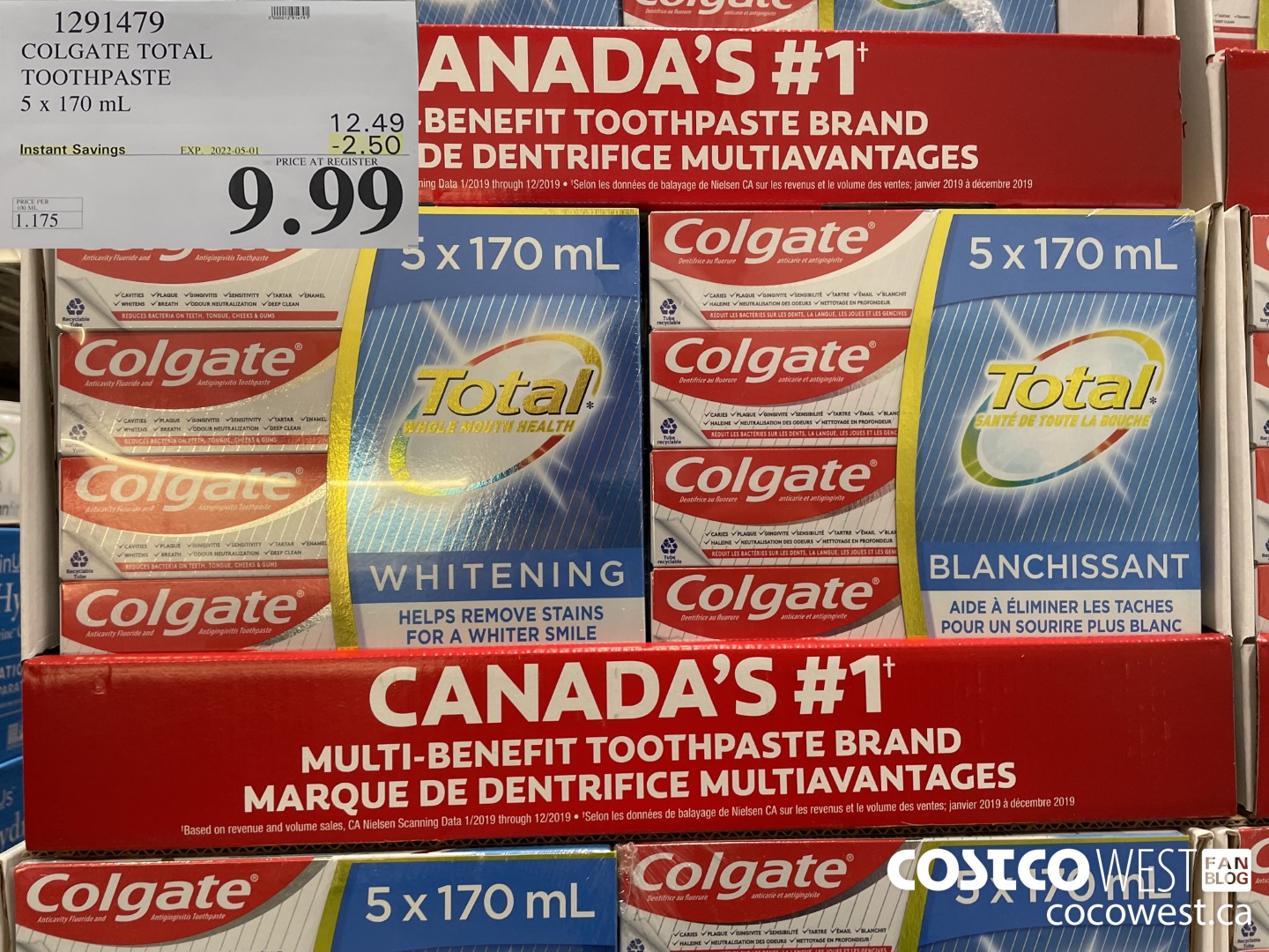1291479 COLGATE TOTAL TOOTHPASTE 5 x 170 mL ($2.50 INSTANT SAVINGS EXPIRES ON 2022-05-01) $9.99