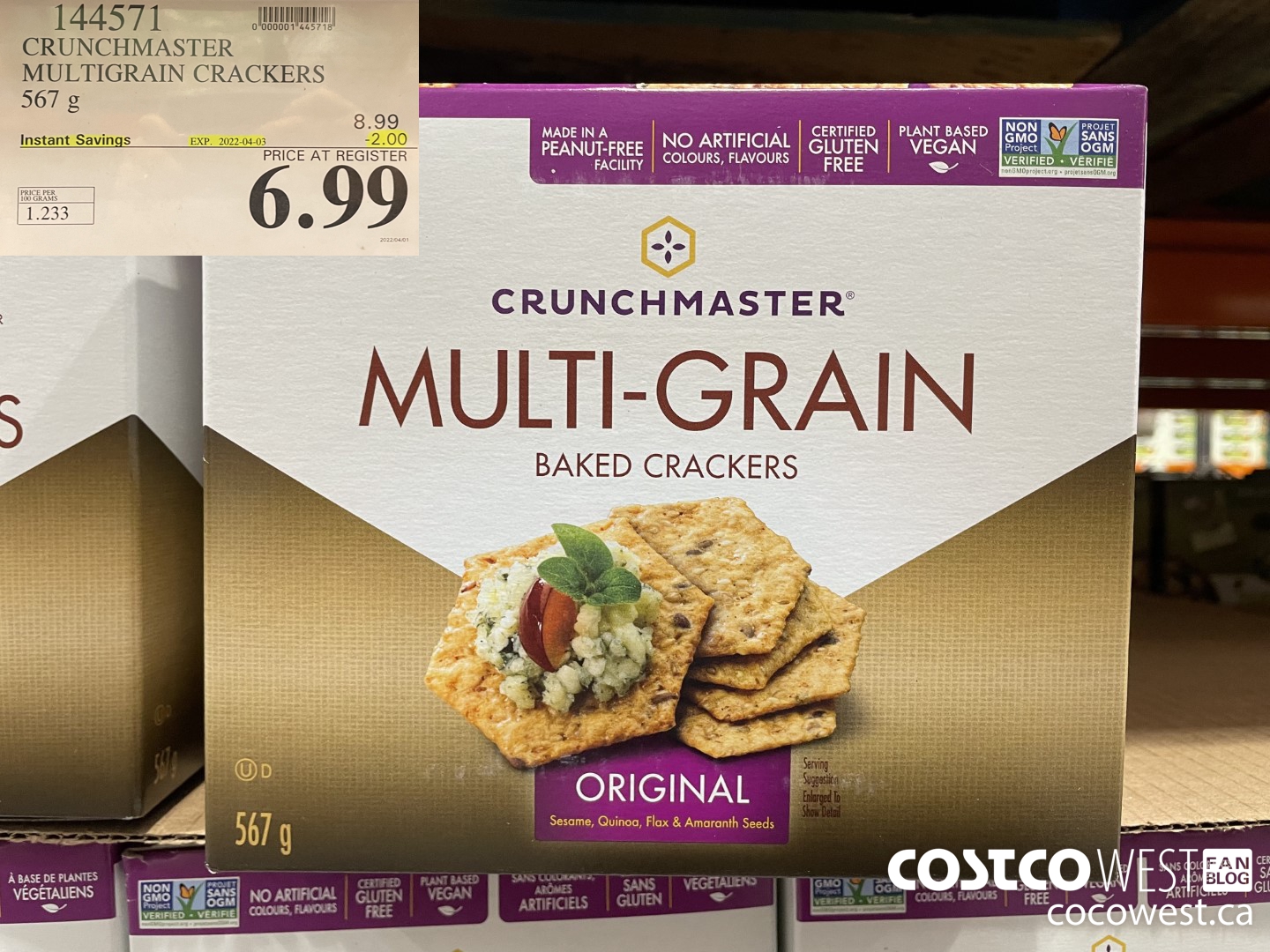 144571 CRUNCHMASTER MULTIGRAIN CRACKERS 567 G ($2.00 INSTANT SAVINGS EXPIRES ON 2022-04-03) $6.99