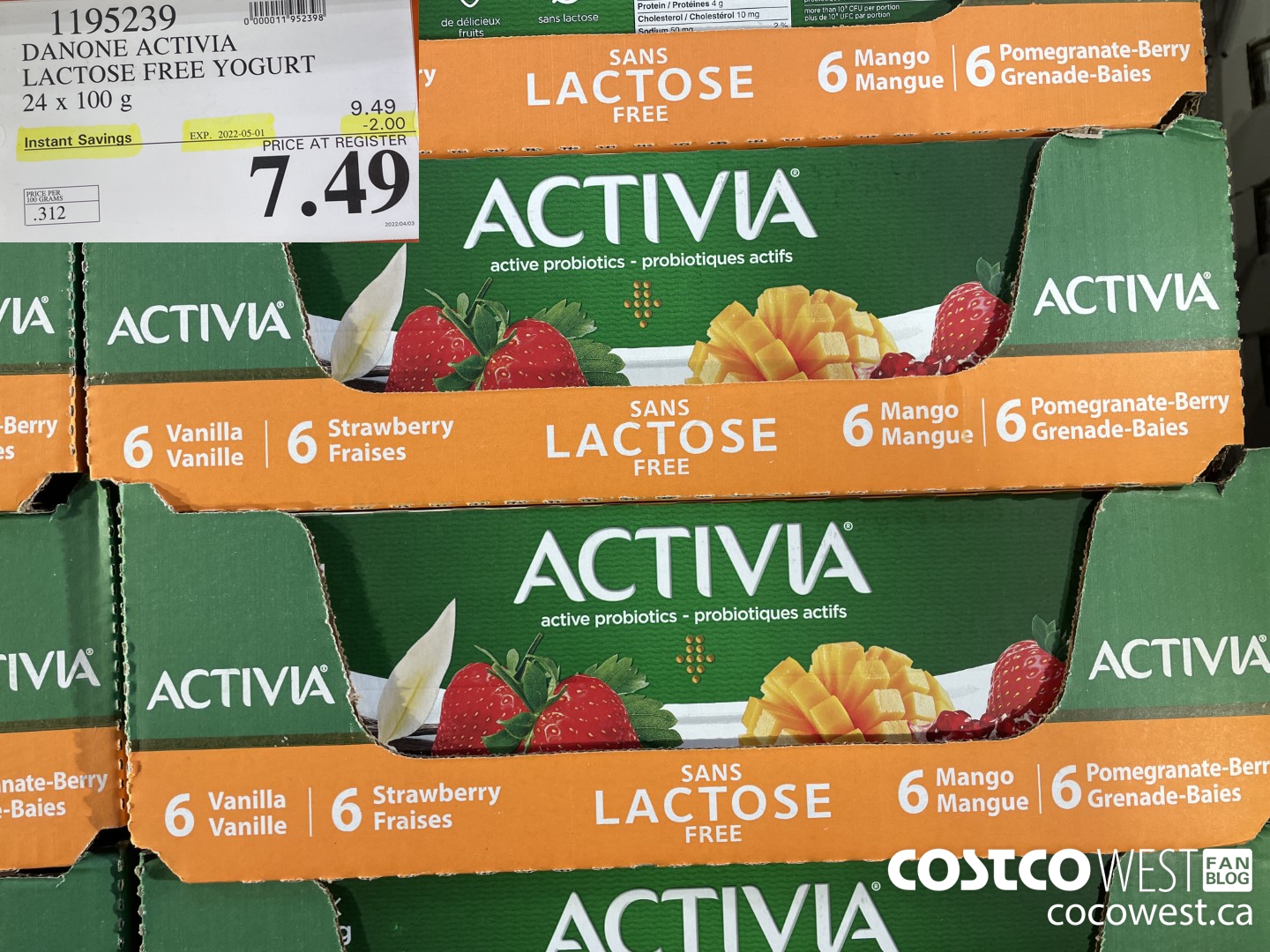 1195239 DANONE ACTIVIA LACTOSE FREE YOGURT 24 x 100 g ($2.00 INSTANT SAVINGS EXPIRES ON 2022-05-01) $7.49