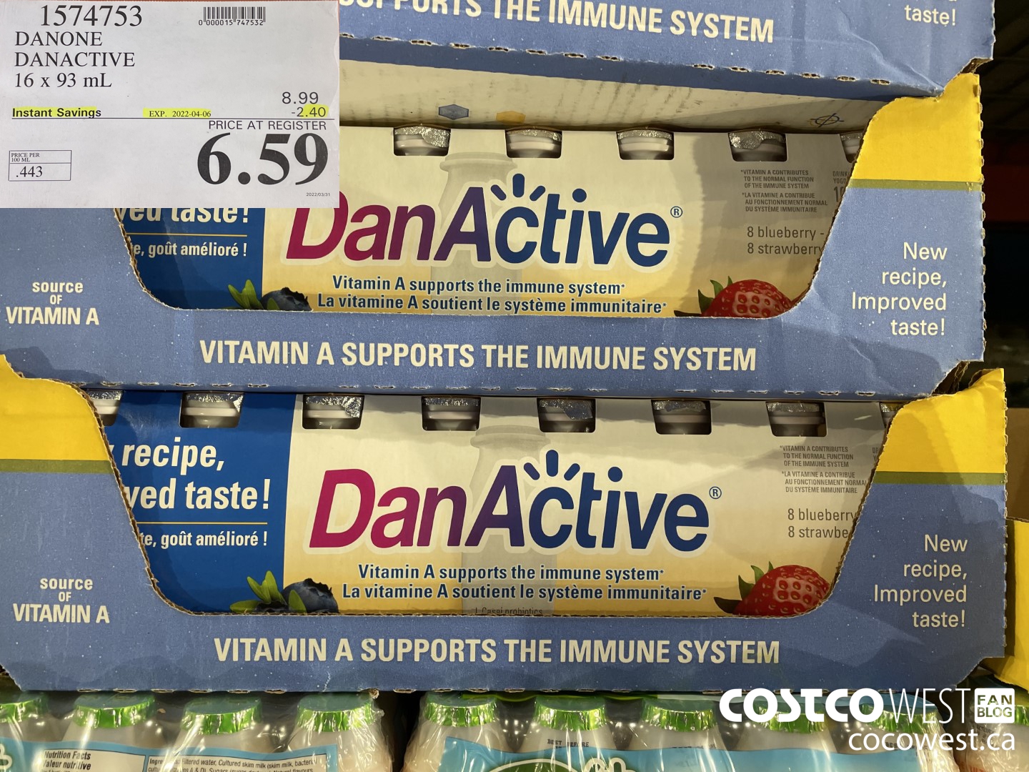 1574753 DANONE DANACTIVE 16 x 93 mL ($2.40 INSTANT SAVINGS EXPIRES ON 2022-04-06) $6.59