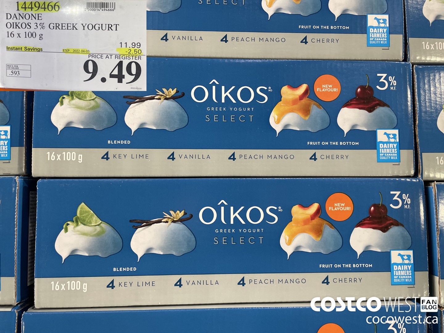 1449466 DANONE OIKOS 3% GREEK YOGURT 16 x 100g ($2.50 INSTANT SAVINGS EXPIRES ON 2022-04-03) $9.49