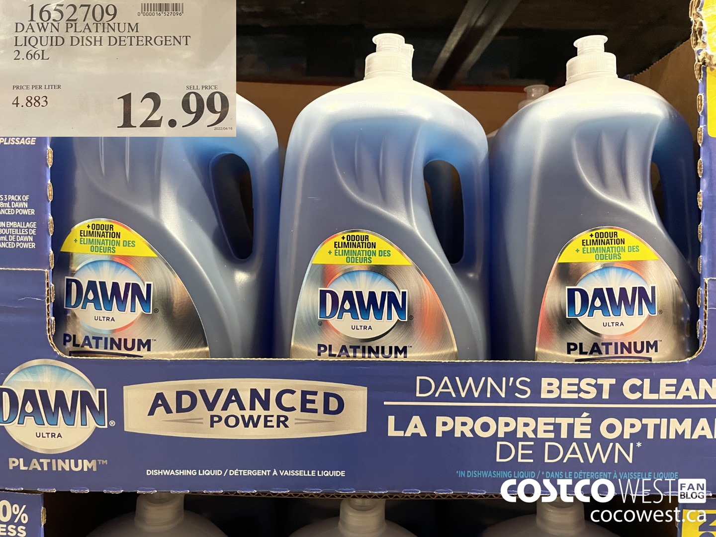1652709 DAWN PLATINUM LIQUID DISH DETERGENT 2.66L $12.99