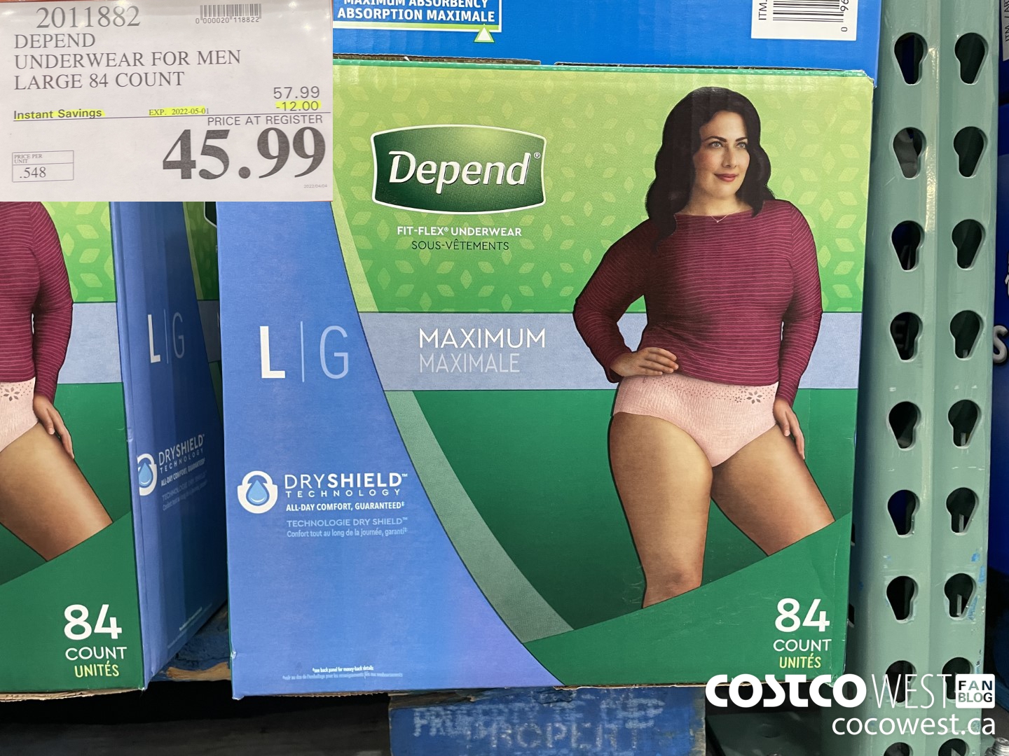 2011882 DEPEND UNDERWEAR FOR MEN LARGE 84 COUNT ($12.00 INSTANT SAVINGS EXPIRES ON 2022-05-01) $45.99