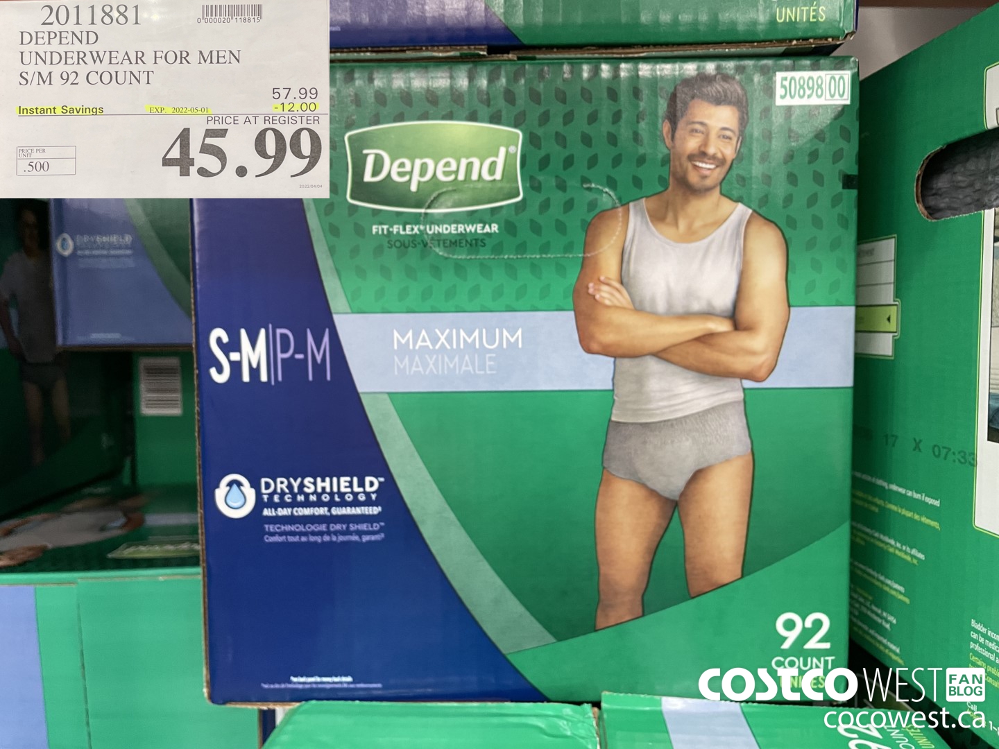 2011881 DEPEND UNDERWEAR FOR MEN S/M 92 COUNT ($12.00 INSTANT SAVINGS EXPIRES ON 2022-05-01) $45.99