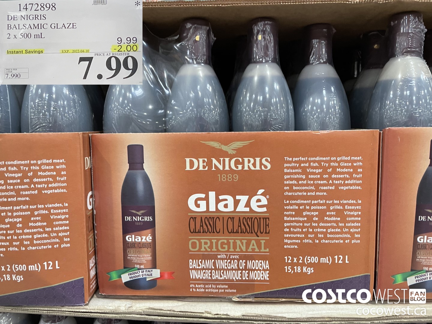 1472898 DE NIGRIS BALSAMIC GLAZE 2 x 500 mL ($2.00 INSTANT SAVINGS EXPIRES ON 2022-04-10) $7.99