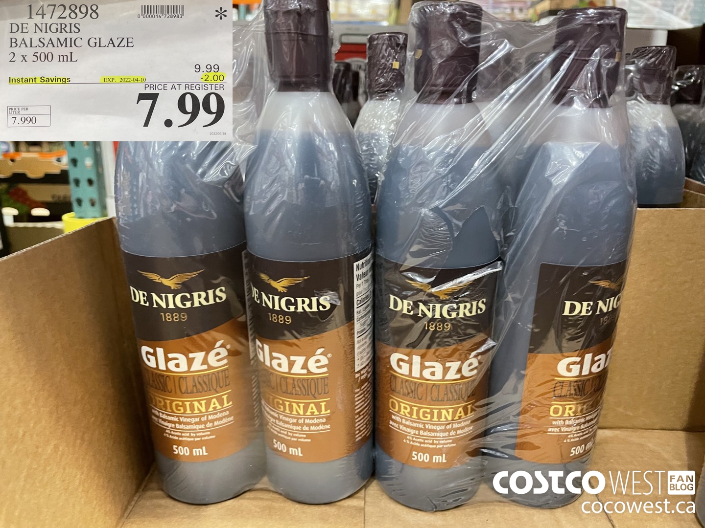 1472898 DE NIGRIS BALSAMIC GLAZE 2 x 500 mL ($2.00 INSTANT SAVINGS EXPIRES ON 2022-04-10) $7.99