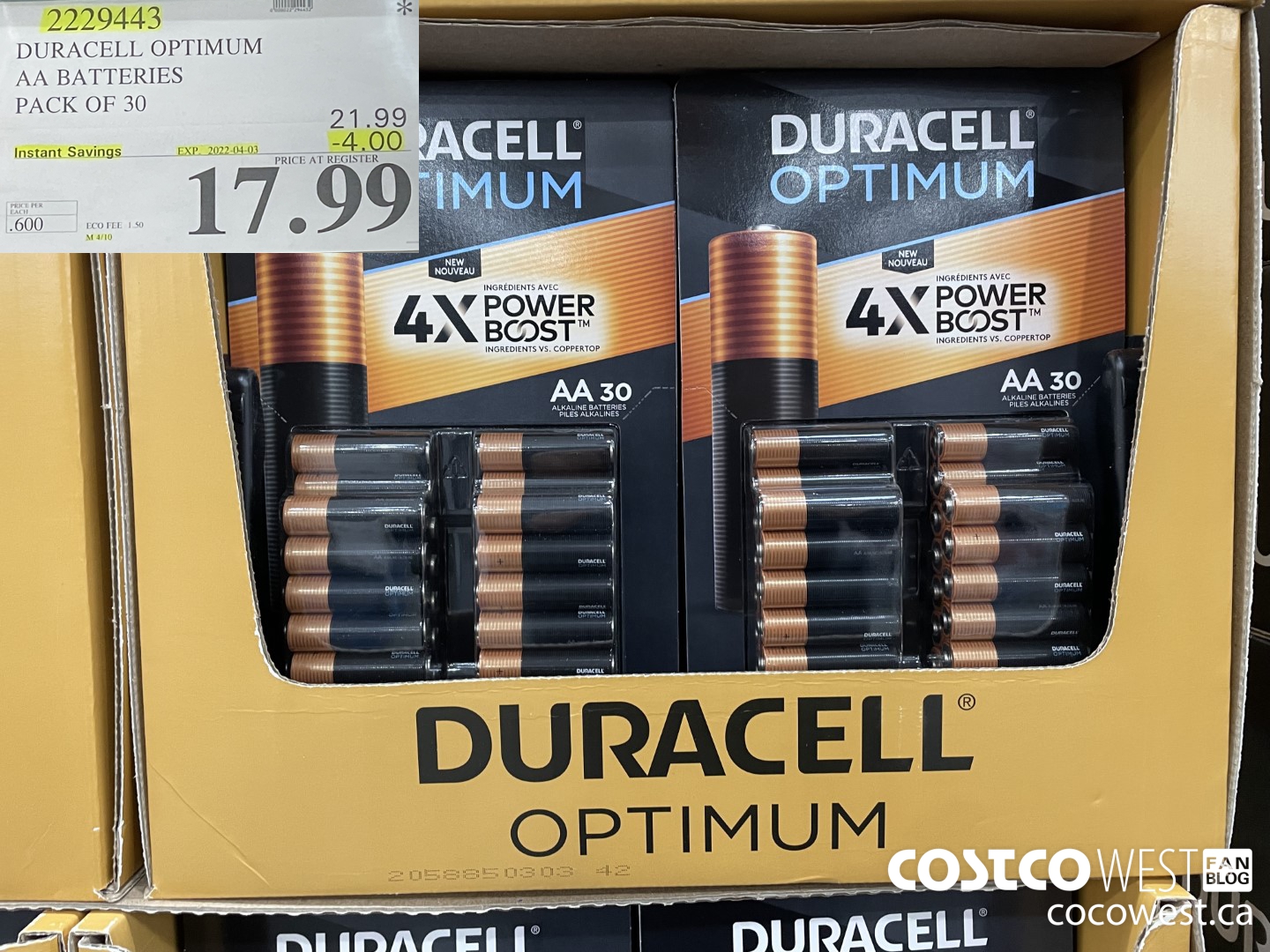 2229443 DURACELL OPTIMUM AA BATTERIES PACK OF 30 ($4.00 INSTANT SAVINGS EXPIRES ON 2022-04-03) $17.99