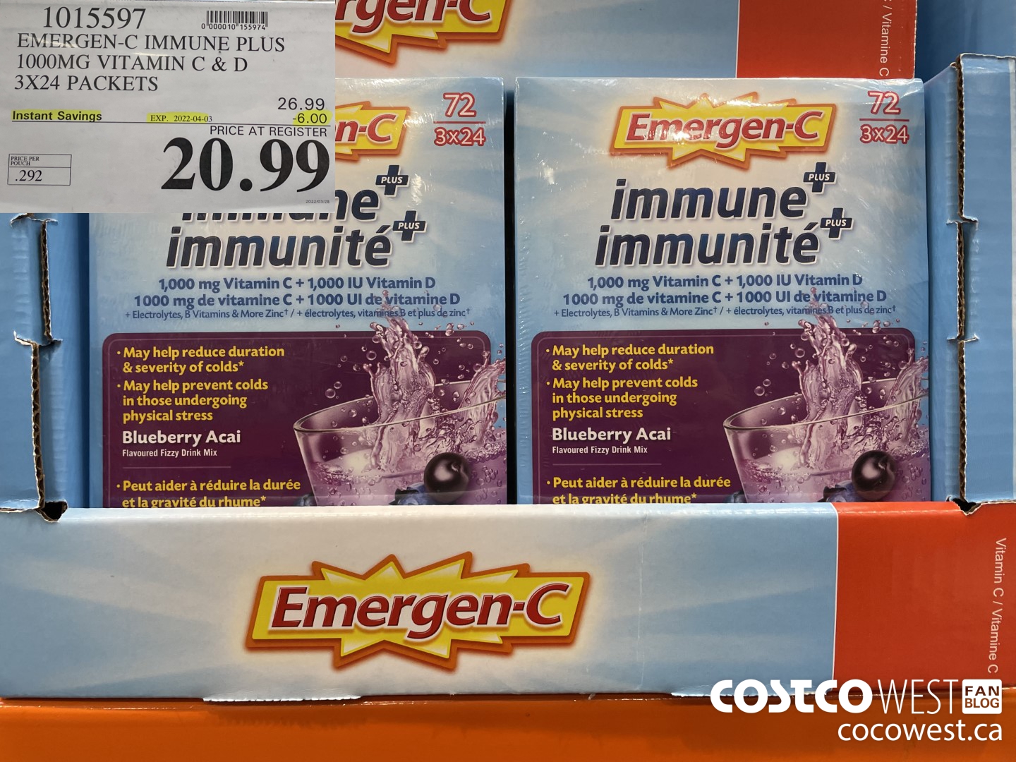 1015597 EMERGEN-C IMMUNE PLUS 1000MG VITAMIN C & D 3X24 PACKETS ($6.00 INSTANT SAVINGS EXPIRES ON 2022-04-03) $20.99
