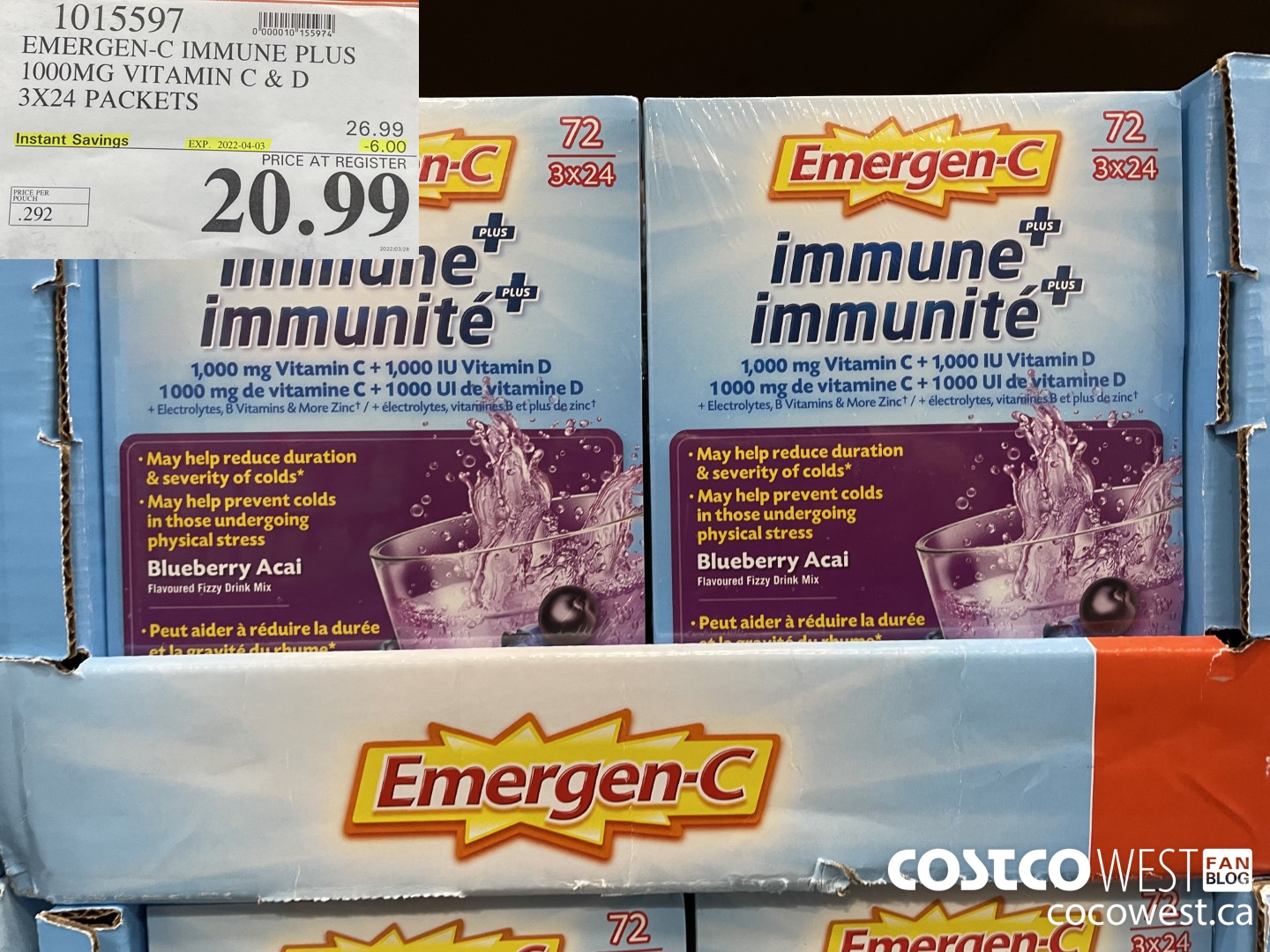 1015597 EMERGEN-C IMMUNE PLUS 1000MG VITAMIN C & D 3X24 PACKETS ($6.00 INSTANT SAVINGS EXPIRES ON 2022-04-03) $20.99