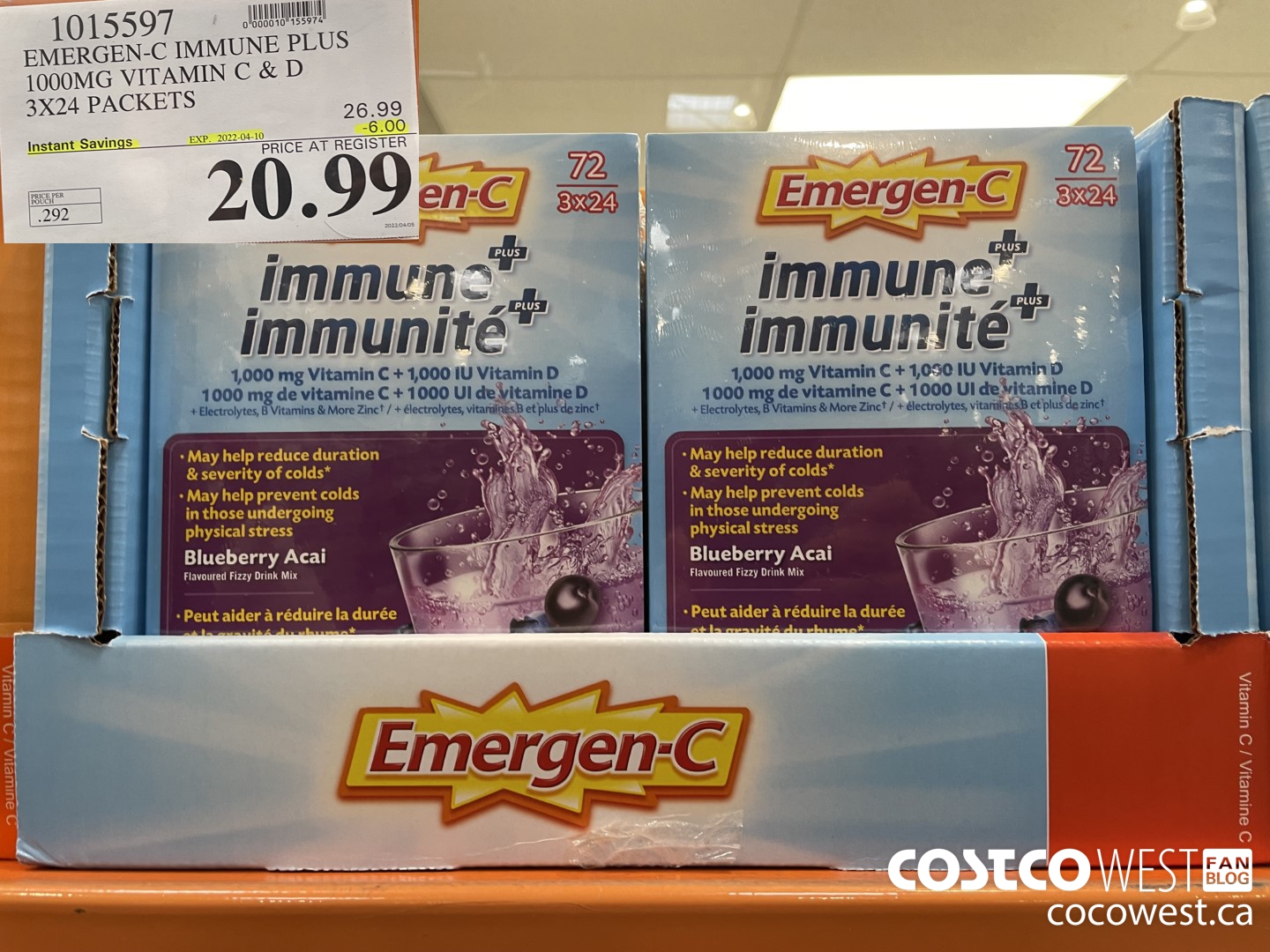 1015597 EMERGEN-C IMMUNE PLUS 1000MG VITAMIN C & D 3X24 PACKETS ($6.00 INSTANT SAVINGS EXPIRES ON 2022-04-10) $20.99