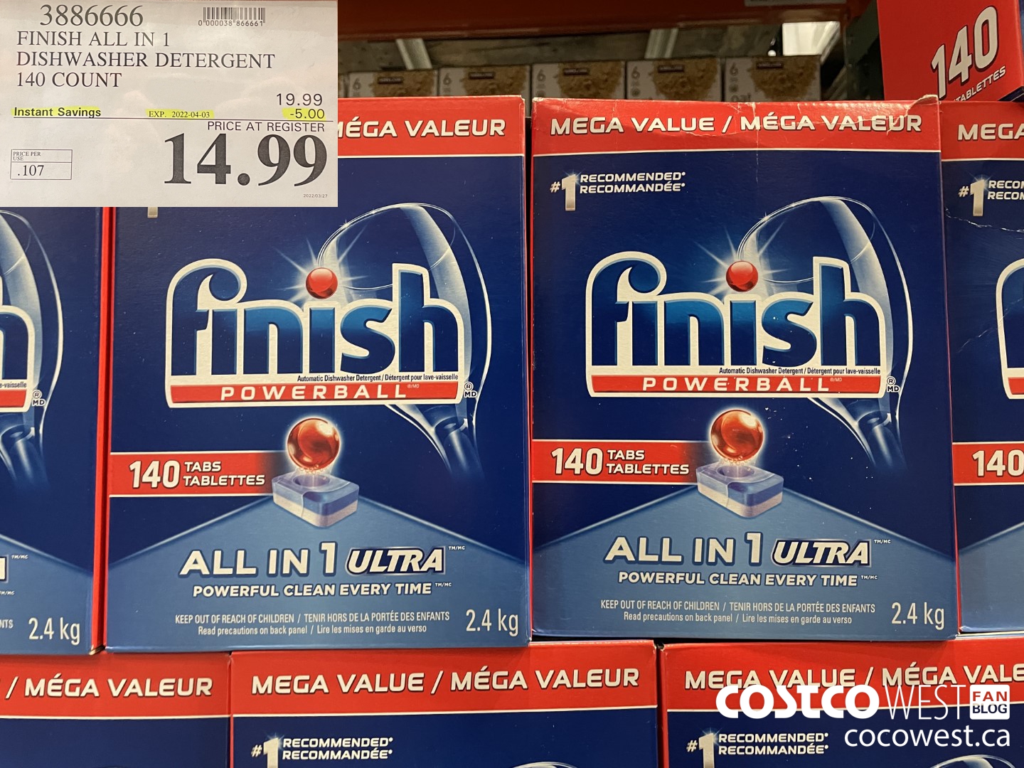 3886666 FINISH ALL IN 1 DISHWASHER DETERGENT 140 COUNT ($5.00 INSTANT SAVINGS EXPIRES ON 2022-04-03) $14.99