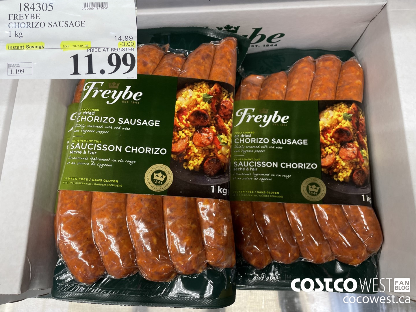 184305 FREYBE CHORIZO SAUSAGE 1 KG ($3.00 INSTANT SAVINGS EXPIRES ON 2022-05-08) $11.99