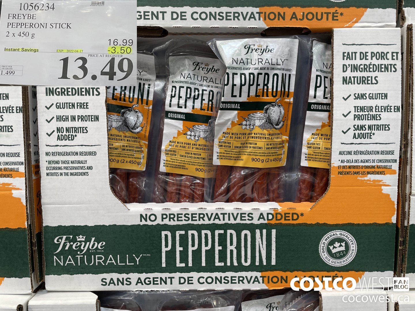 1056234 FREYBE PEPPERONI STICK NO PRESERVATIVE ADDED 2 x 450g ($3.50 INSTANT SAVINGS EXPIRES ON 2022-04-17) $13.49