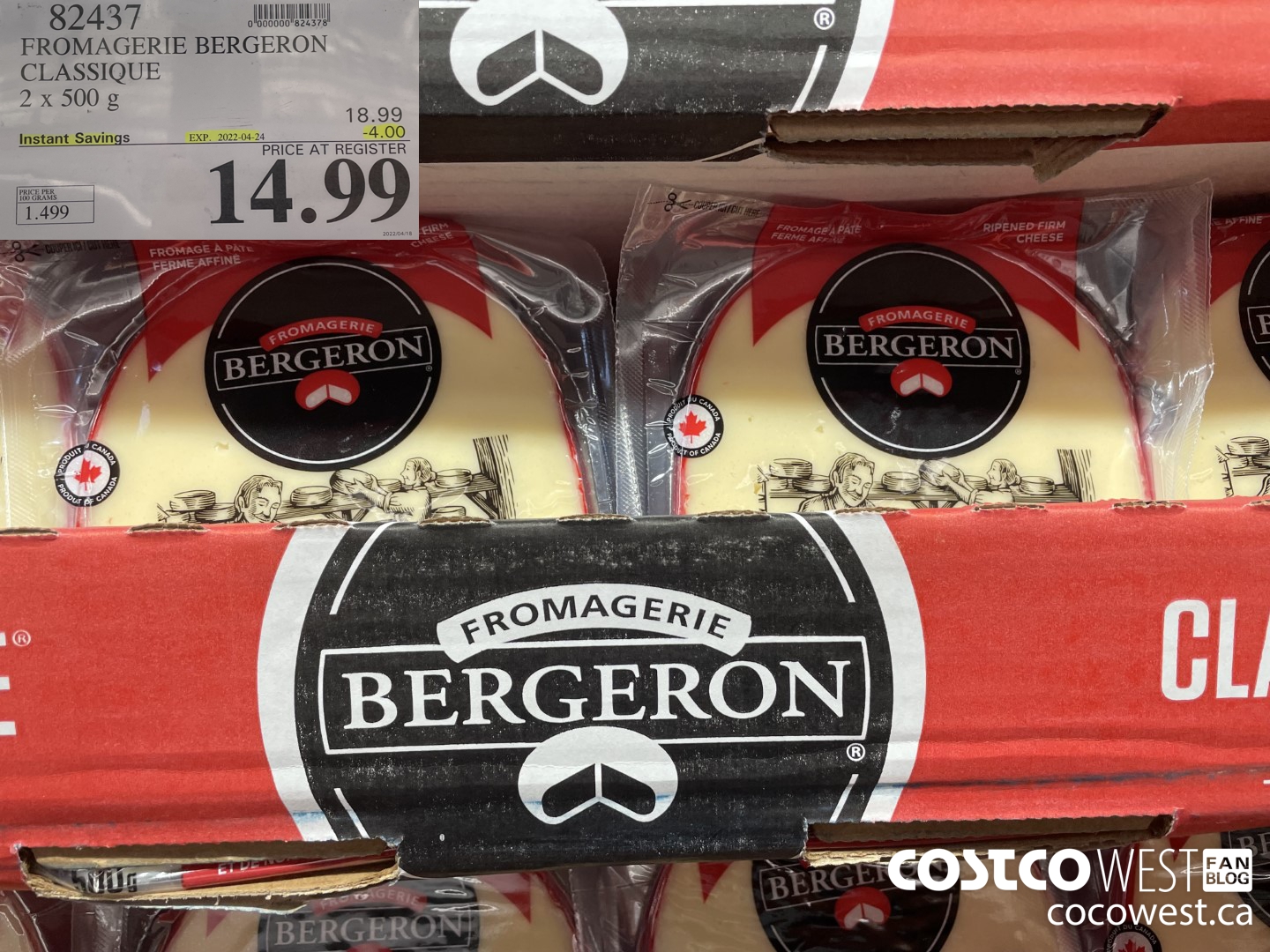 82437 FROMAGERIE BERGERON CLASSIQUE 2 x 500 g ($4.00 INSTANT SAVINGS EXPIRES ON 2022-04-24) $14.99