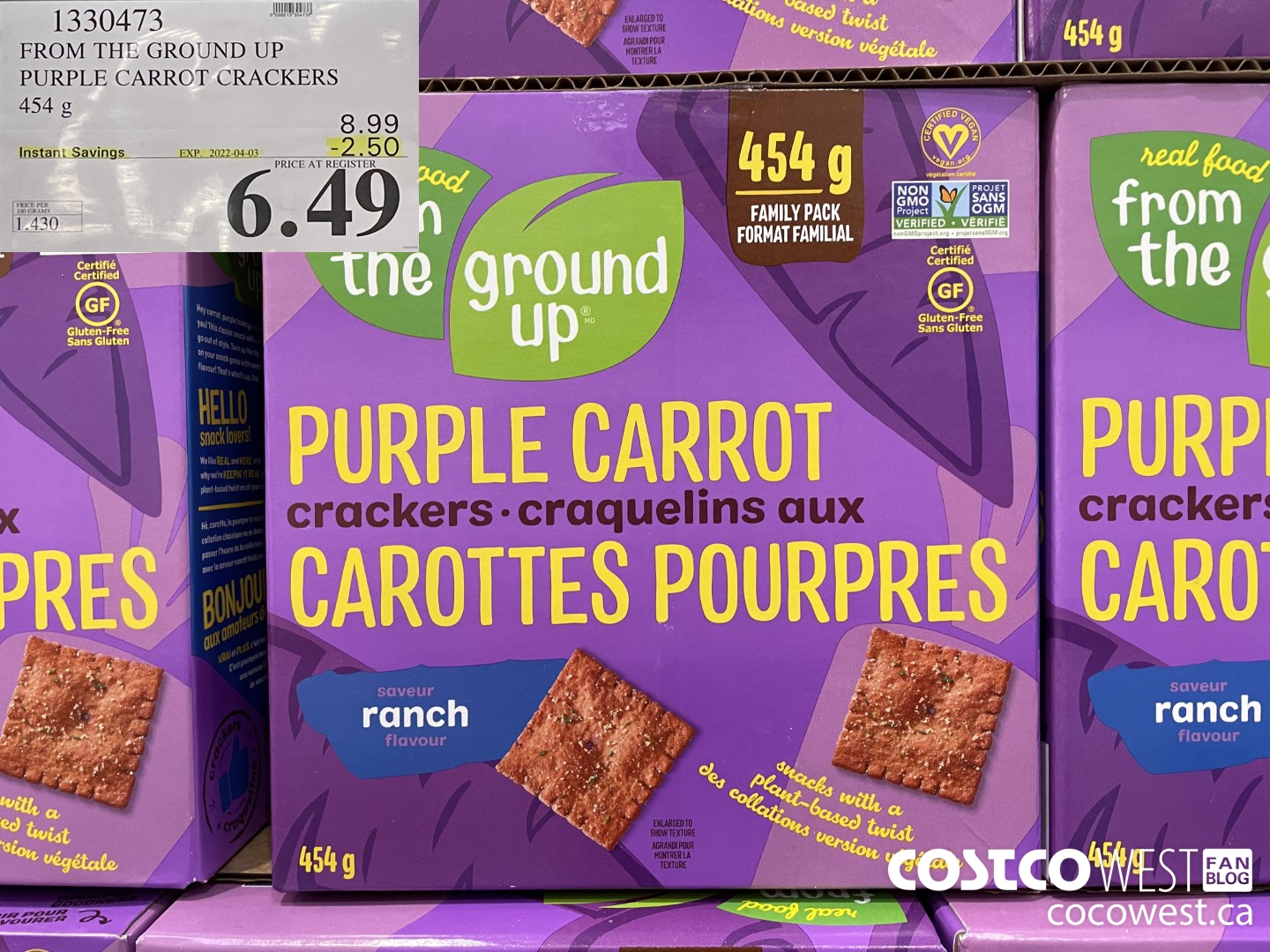 1330473 FROM THE GROUND UP PURPLE CARROT CRACKERS 454 g ($2.50 INSTANT SAVINGS EXPIRES ON 2022-04-03) $6.49