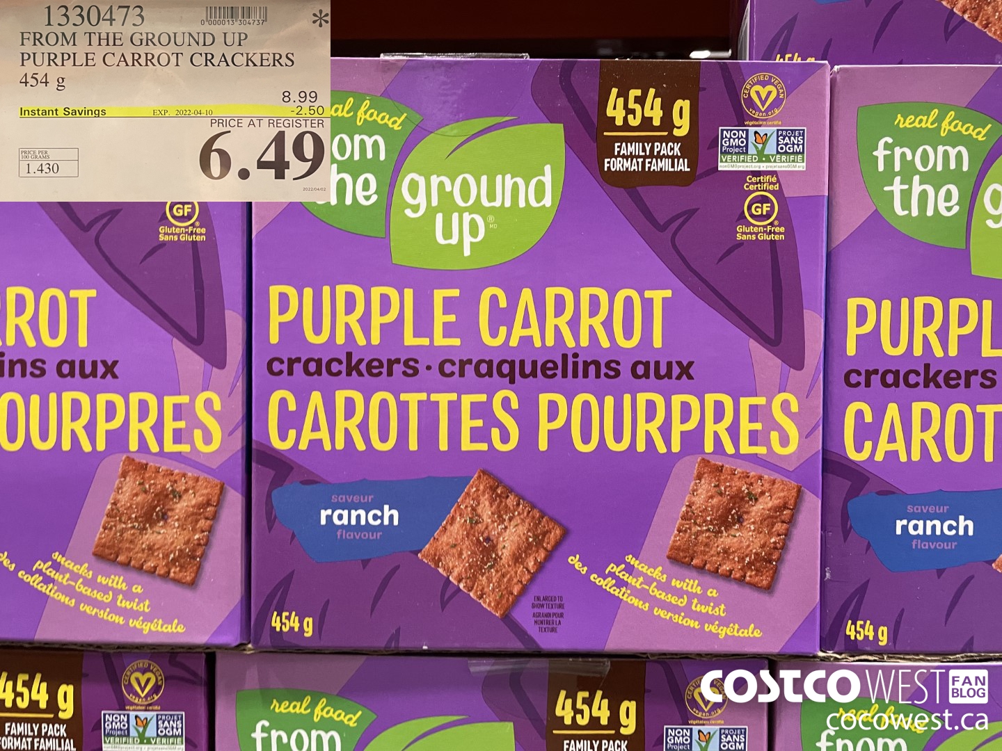 1330473 FROM THE GROUND UP PURPLE CARROT CRACKERS 454 g ($2.50 INSTANT SAVINGS EXPIRES ON 2022-04-10) $6.49