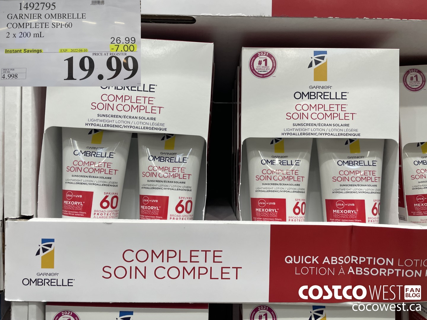 1492795 GARNIER OMBRELLE COMPLETE SPF60 2 x 200 mL ($7.00 INSTANT SAVINGS EXPIRES ON 2022-04-10) $19.99