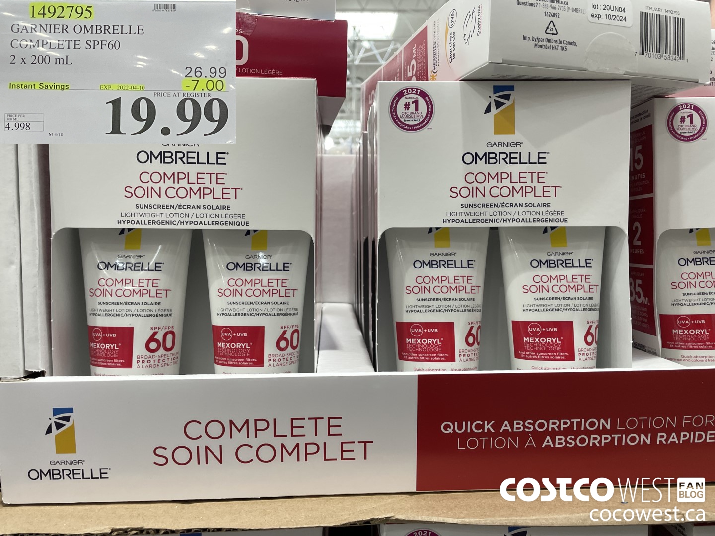 1492795 GARNIER OMBRELLE COMPLETE SPF60 2 x 200 mL ($7.00 INSTANT SAVINGS EXPIRES ON 2022-04-10) $19.99