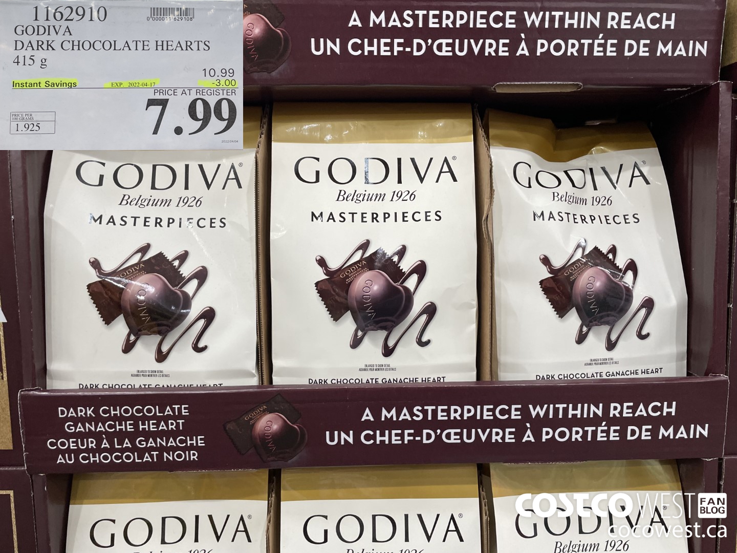 1162910 GODIVA DARK CHOCOLATE HEARTS 415 g ($3.00 INSTANT SAVINGS EXPIRES ON 2022-04-17) $7.99