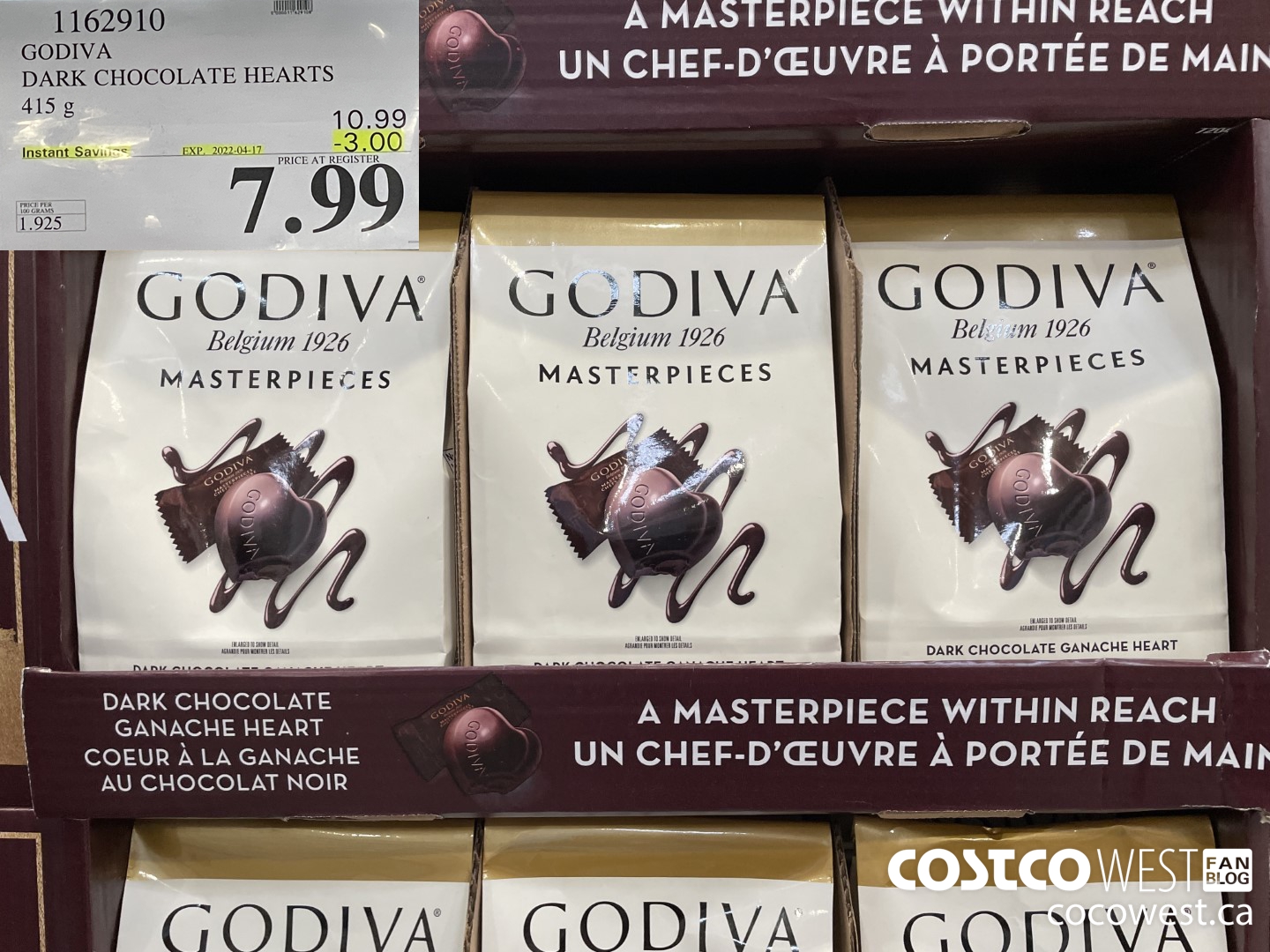 1162910 GODIVA DARK CHOCOLATE HEARTS 415 g ($3.00 INSTANT SAVINGS EXPIRES ON 2022-04-17) $7.99