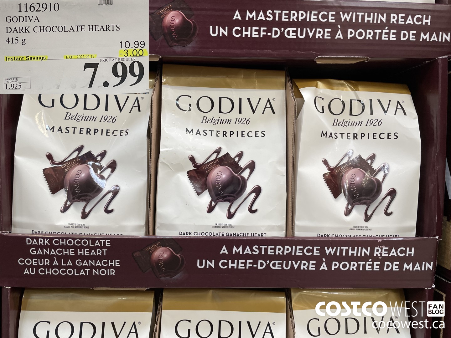 1162910 GODIVA DARK CHOCOLATE HEARTS 415 g ($3.00 INSTANT SAVINGS EXPIRES ON 2022-04-17) $7.99