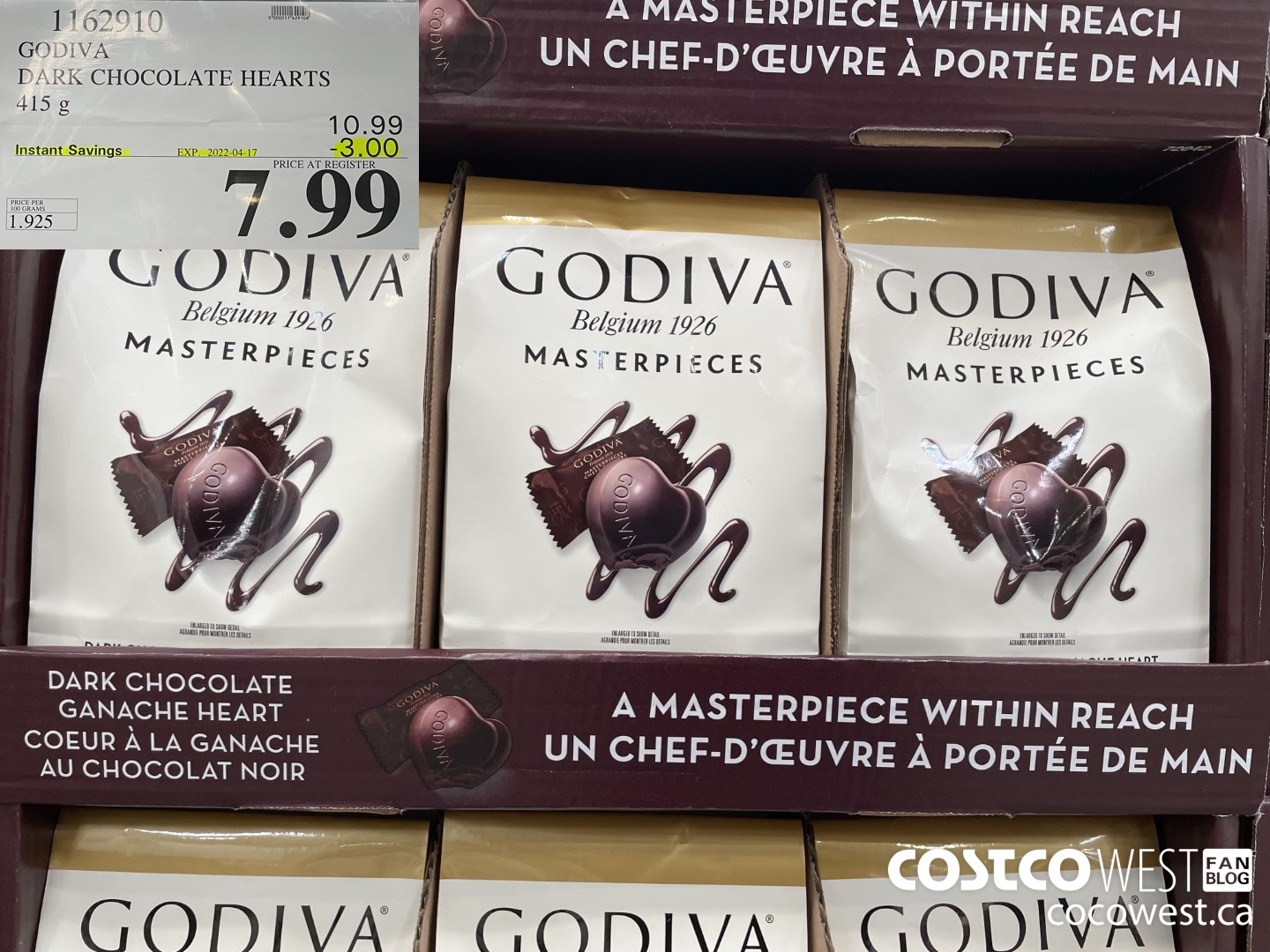 1162910 GODIVA DARK CHOCOLATE HEARTS 415 g ($3.00 INSTANT SAVINGS EXPIRES ON 2022-04-17) $7.99