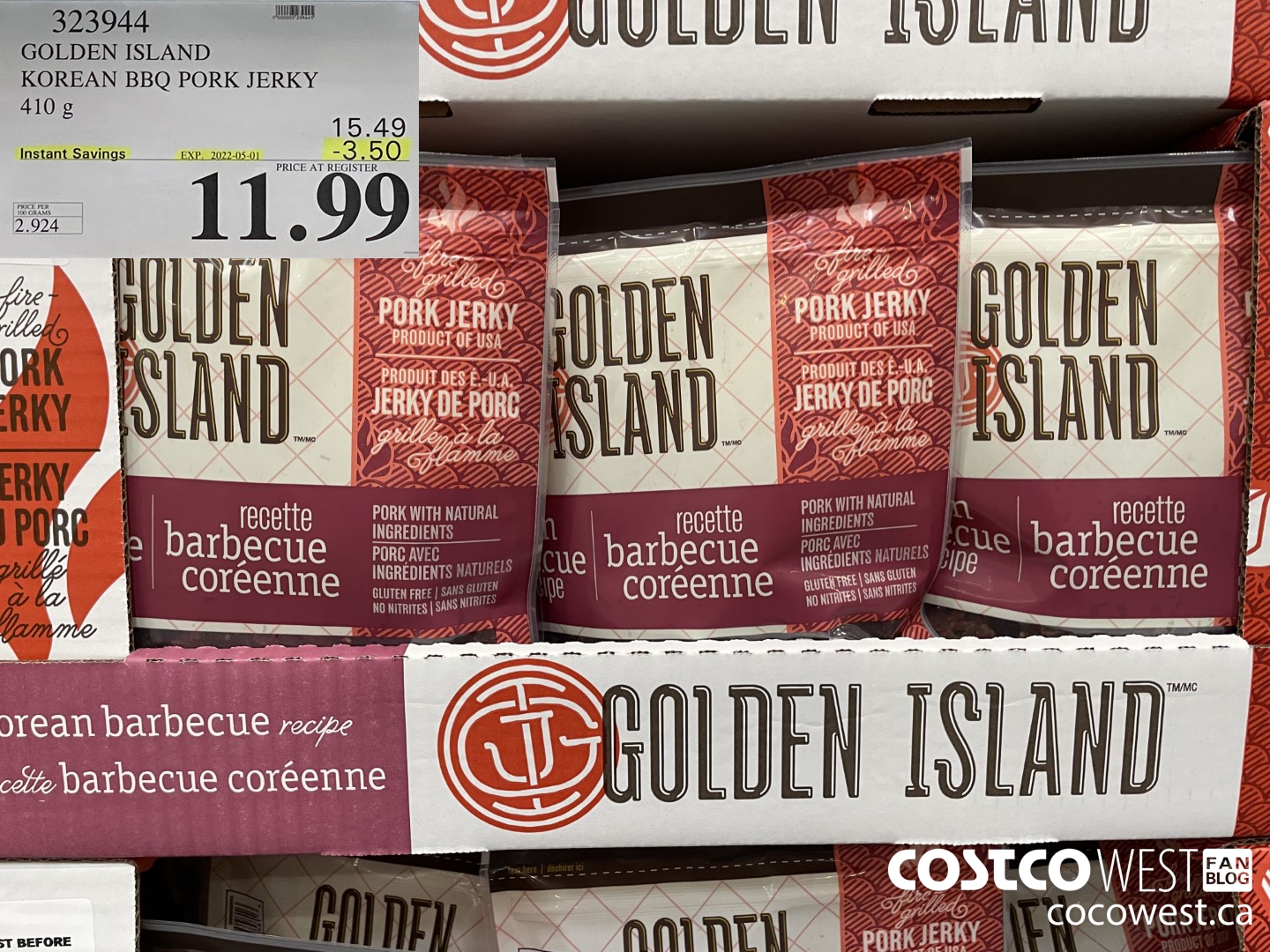 323944 GOLDEN ISLAND KOREAN BBQ PORK JERKY 410 g ($3.50 INSTANT SAVINGS EXPIRES ON 2022-05-01) $11.99