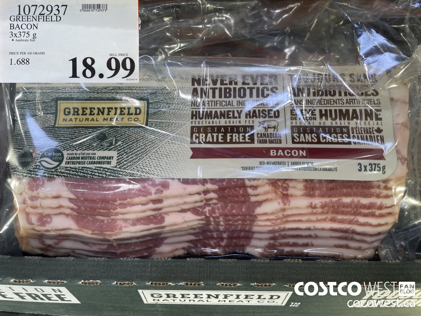 1072937 GREENFIELD BACON 3X375G $18.99