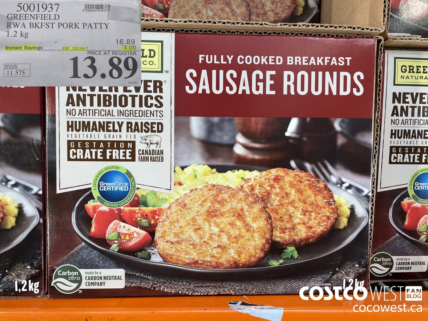 5001937 GREENFIELD RWA BKFST PORK PATTY 1.2 kg ($3.00 INSTANT SAVINGS EXPIRES ON 2022-04-17) $13.89