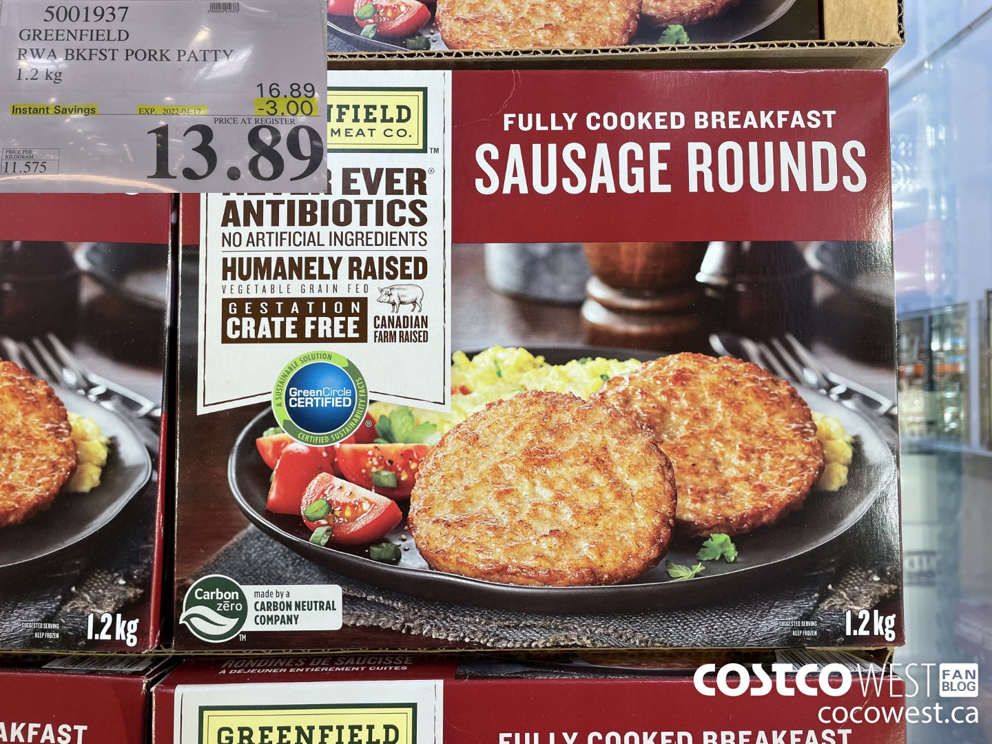 5001937 GREENFIELD RWA BKFST PORK PATTY 1.2 kg ($3.00 INSTANT SAVINGS EXPIRES ON 2022-04-17) $13.89