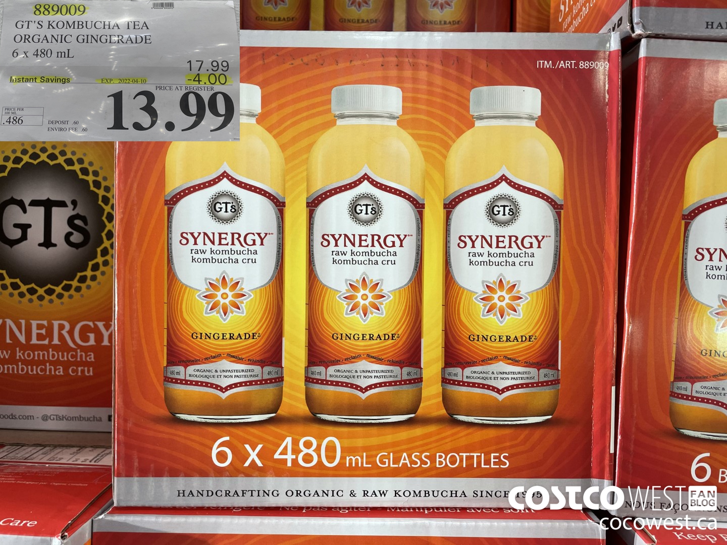 889009 GT'S KOMBUCHA TEA ORGANIC GINGERADE 6 x 480 mL ($4.00 INSTANT SAVINGS EXPIRES ON 2022-04-10) $13.99