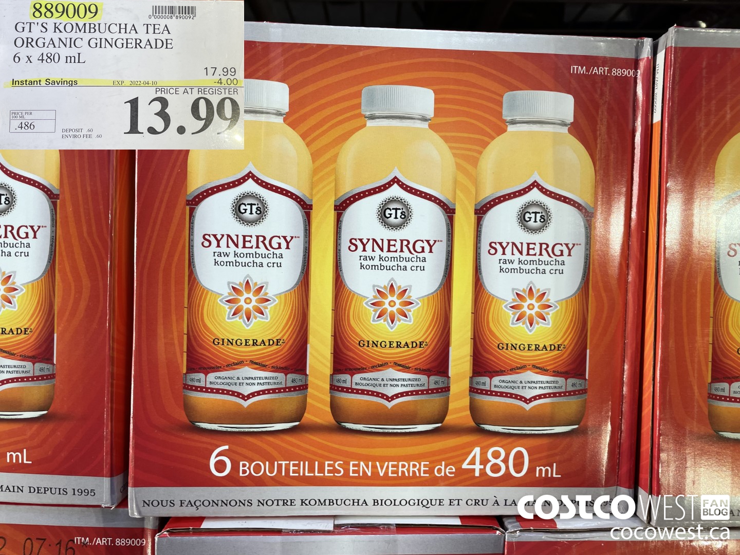 889009 GT'S KOMBUCHA TEA ORGANIC GINGERADE 6 x 480 mL ($4.00 INSTANT SAVINGS EXPIRES ON 2022-04-10) $13.99
