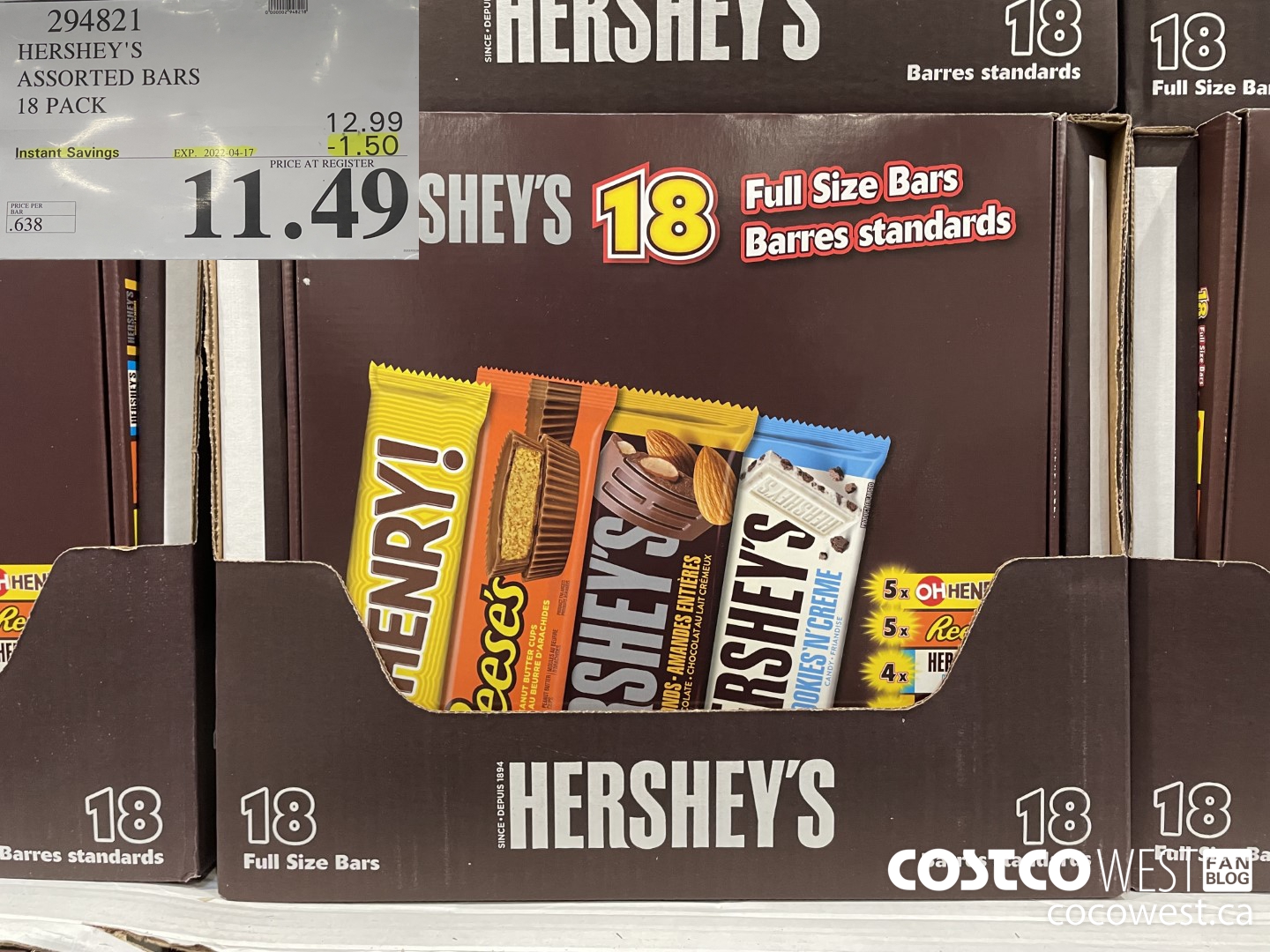 294821 HERSHEY'S ASSORTED BARS PACK OF 18 ($1.50 INSTANT SAVINGS EXPIRES ON 2022-04-17) $11.49