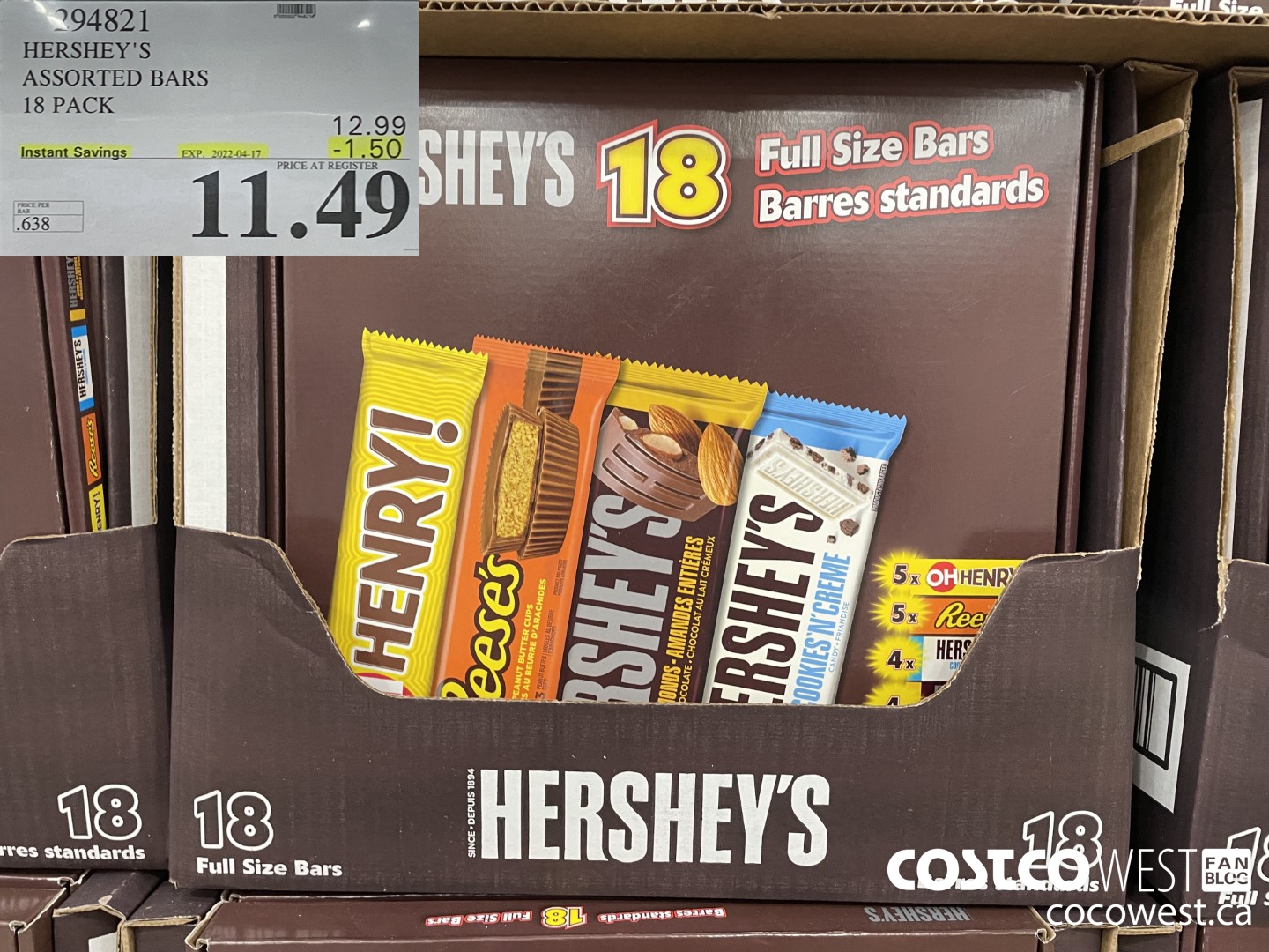 294821 HERSHEY'S ASSORTED BARS PACK OF 18 ($1.50 INSTANT SAVINGS EXPIRES ON 2022-04-17) $11.49