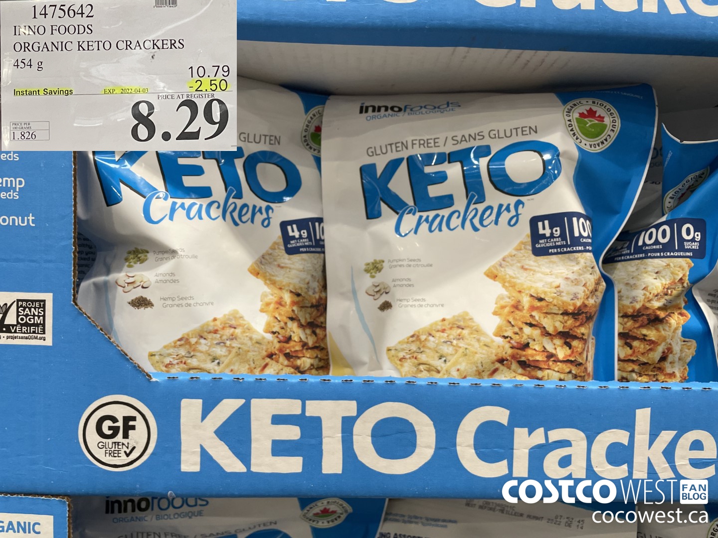 1475642 INNO FOODS ORGANIC KETO CRACKERS 454 g ($2.50 INSTANT SAVINGS EXPIRES ON 2022-04-03) $8.29