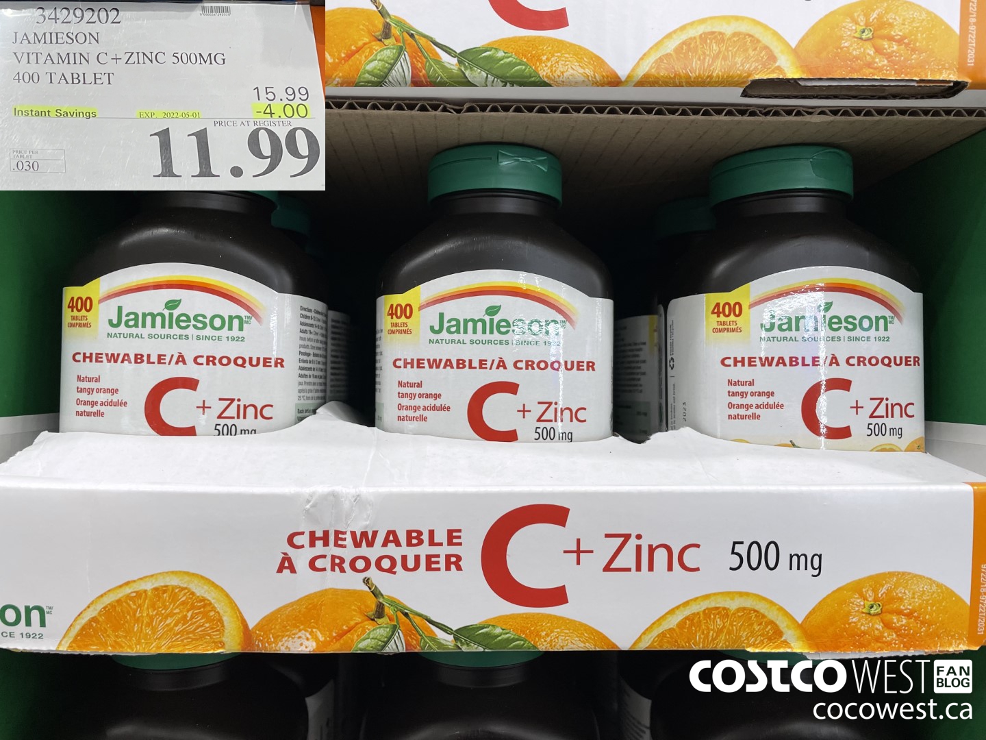 3429202 JAMIESON VITAMIN C+ZINC 500MG 400 TABLET ($4.00 INSTANT SAVINGS EXPIRES ON 2022-05-01) $11.99