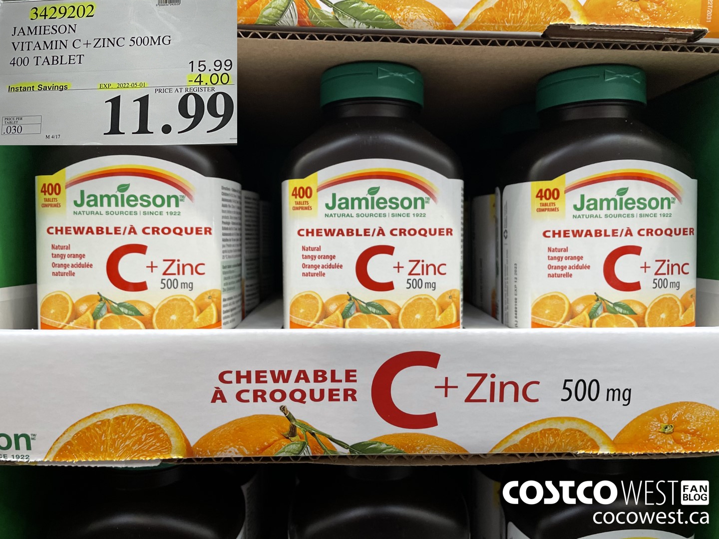 3429202 JAMIESON VITAMIN C+ZINC 500MG 400 TABLET ($4.00 INSTANT SAVINGS EXPIRES ON 2022-05-01) $11.99