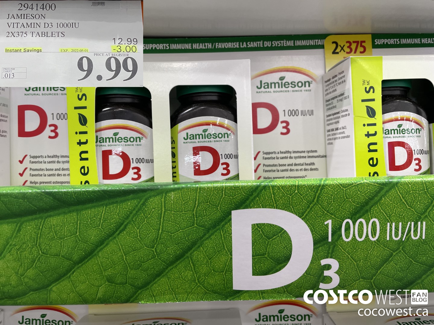 2941400 JAMIESON VITAMIN D3 1000IU 2X375 TABLETS ($3.00 INSTANT SAVINGS EXPIRES ON 2022-05-01) $9.99