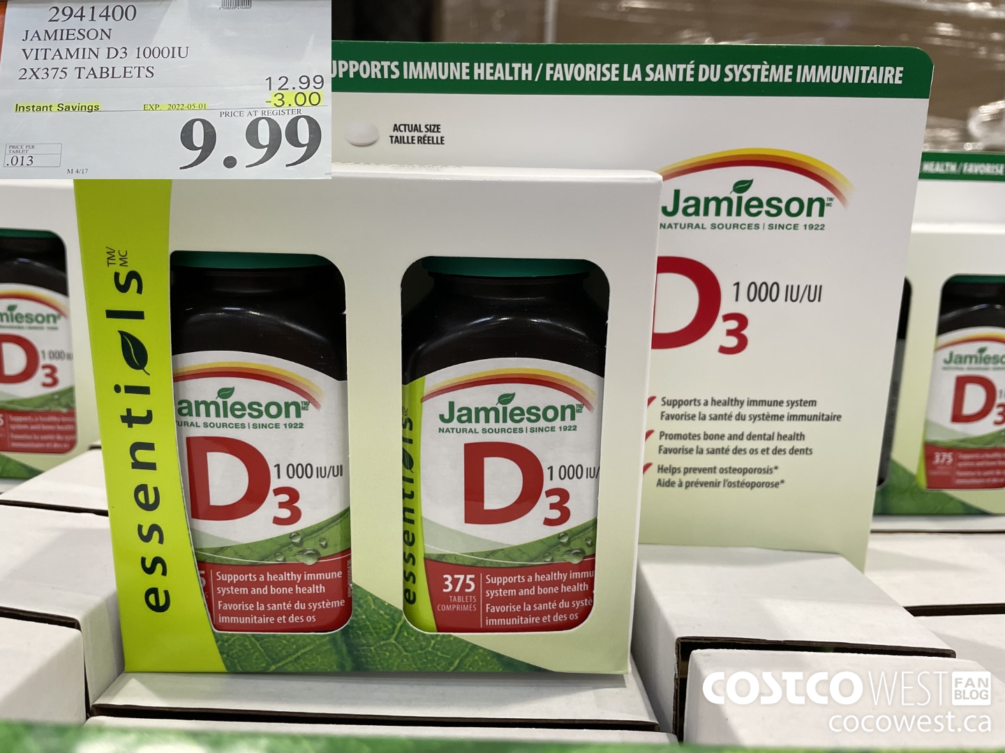 2941400 JAMIESON VITAMIN D3 1000IU 2X375 TABLETS ($3.00 INSTANT SAVINGS EXPIRES ON 2022-05-01) $9.99