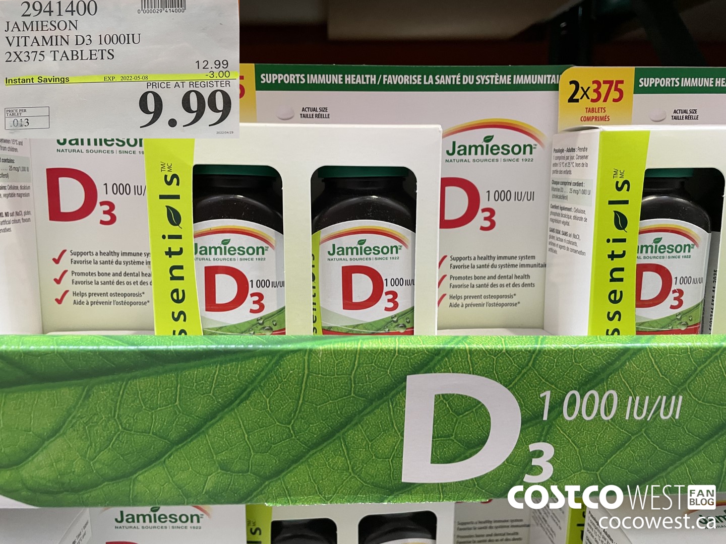 2941400 JAMIESON VITAMIN D3 1000IU 2X375 TABLETS ($3.00 INSTANT SAVINGS EXPIRES ON 2022-05-08) $9.99